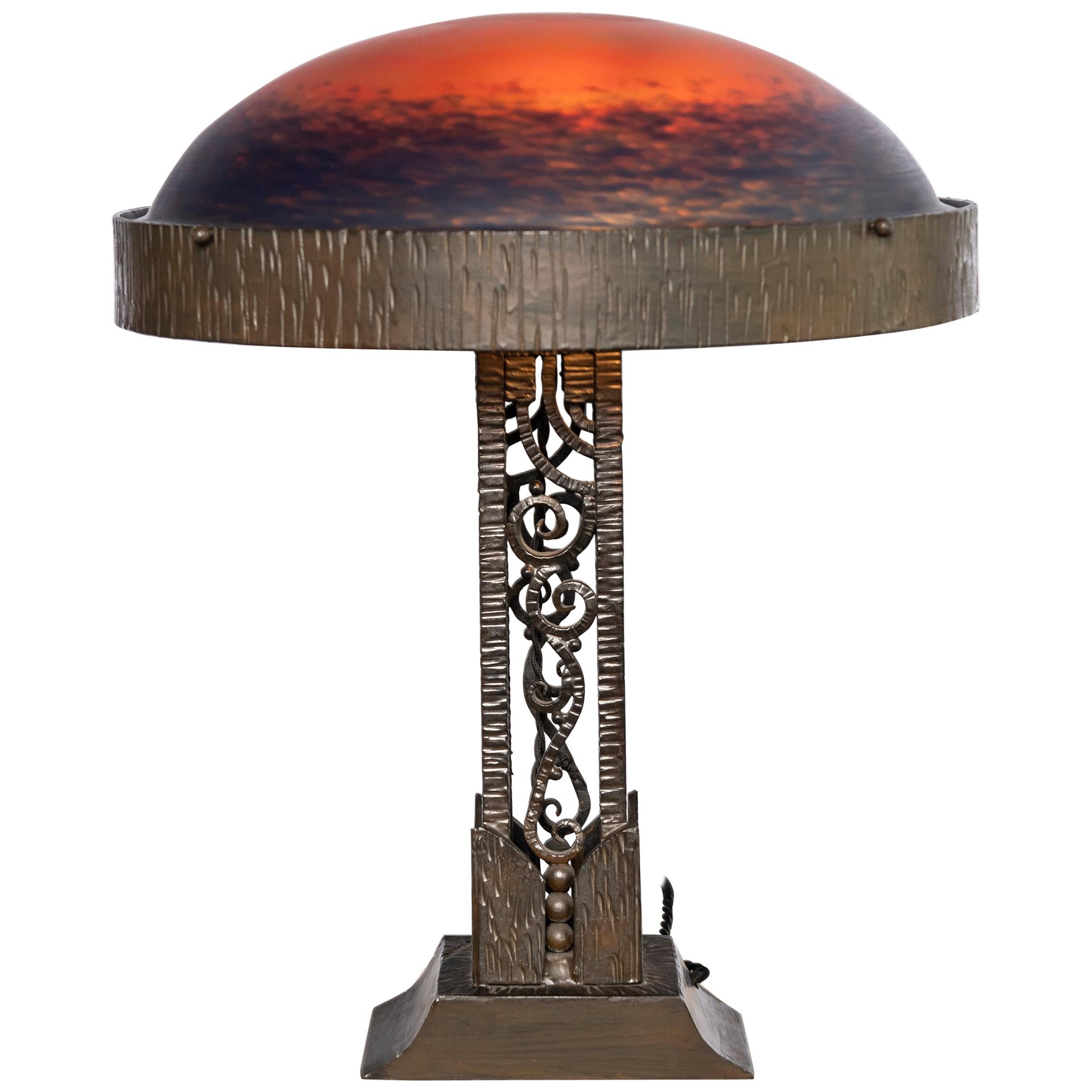 Wrought Iron and Daum Nancy Glass Table Lamp, France, circa 1920-1930 For Sale