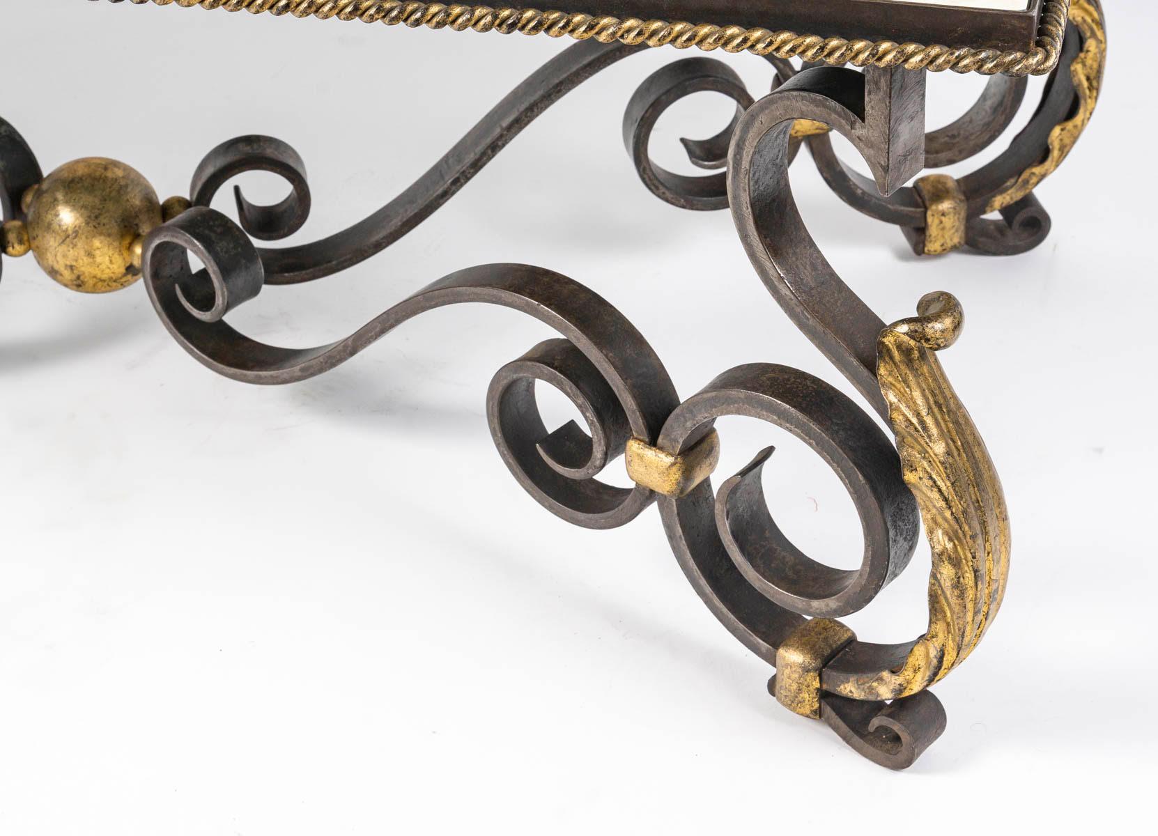 French Wrought Iron and Eglomised Mirror Coffee Table, Circa 1940. For Sale