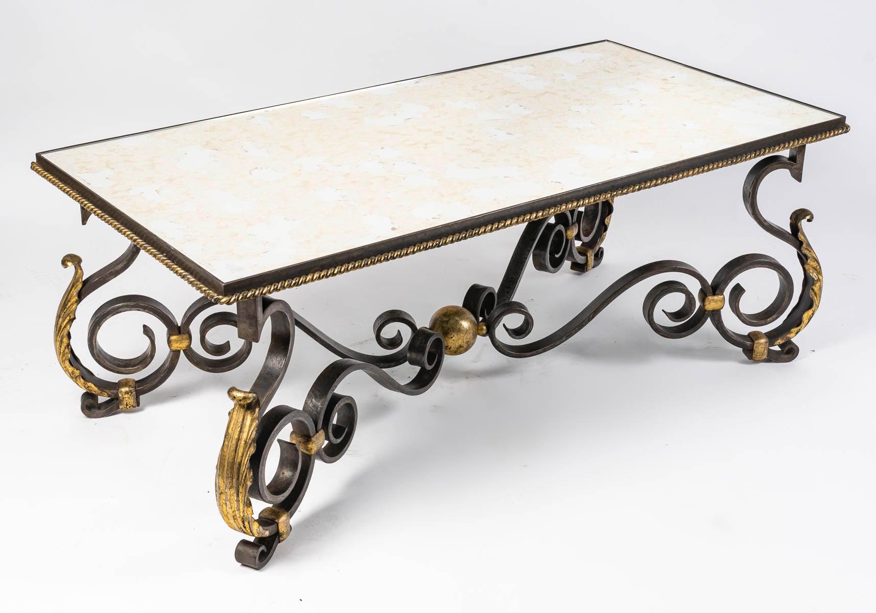 Wrought Iron and Eglomised Mirror Coffee Table, Circa 1940. In Good Condition In Saint-Ouen, FR