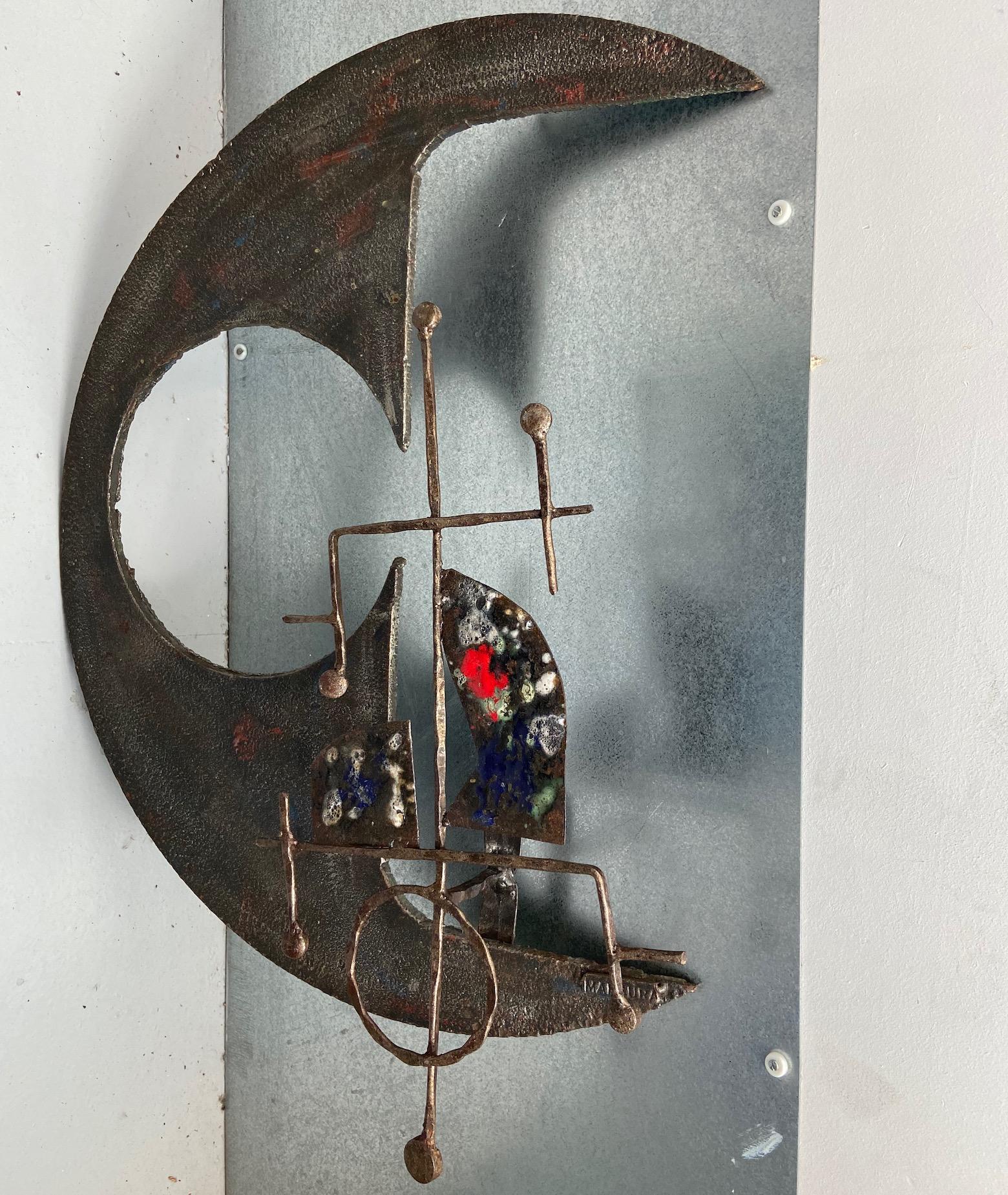 Wrought Iron and Enamel Brutalist Wall Sculpture by Salvino Marsura circa 1970's For Sale 2