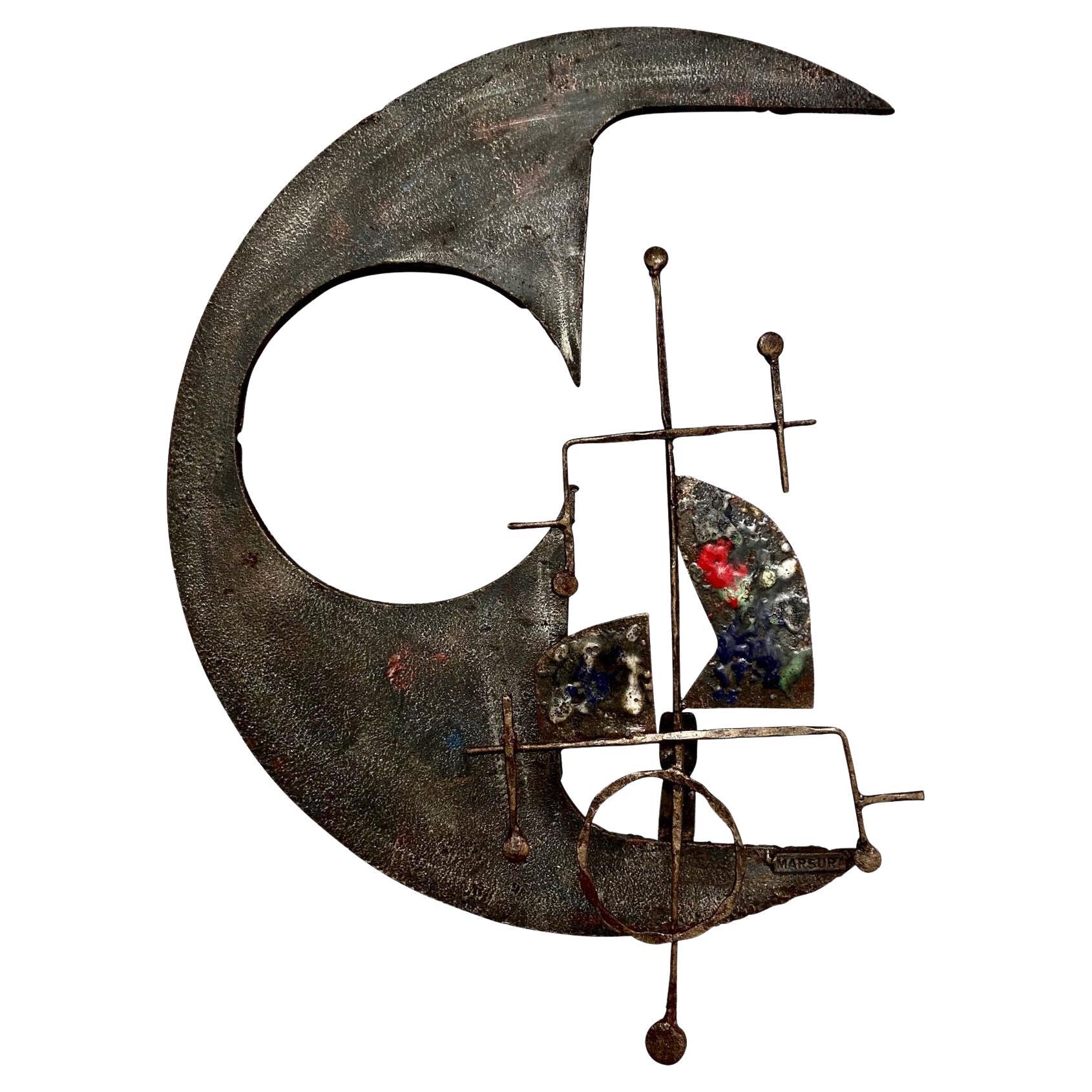 20th Century Wrought Iron and Enamel Brutalist Wall Sculpture by Salvino Marsura circa 1970's For Sale