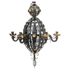Antique Wrought Iron and Gilding Lantern, Interior or Exterior, Early 20th Century.