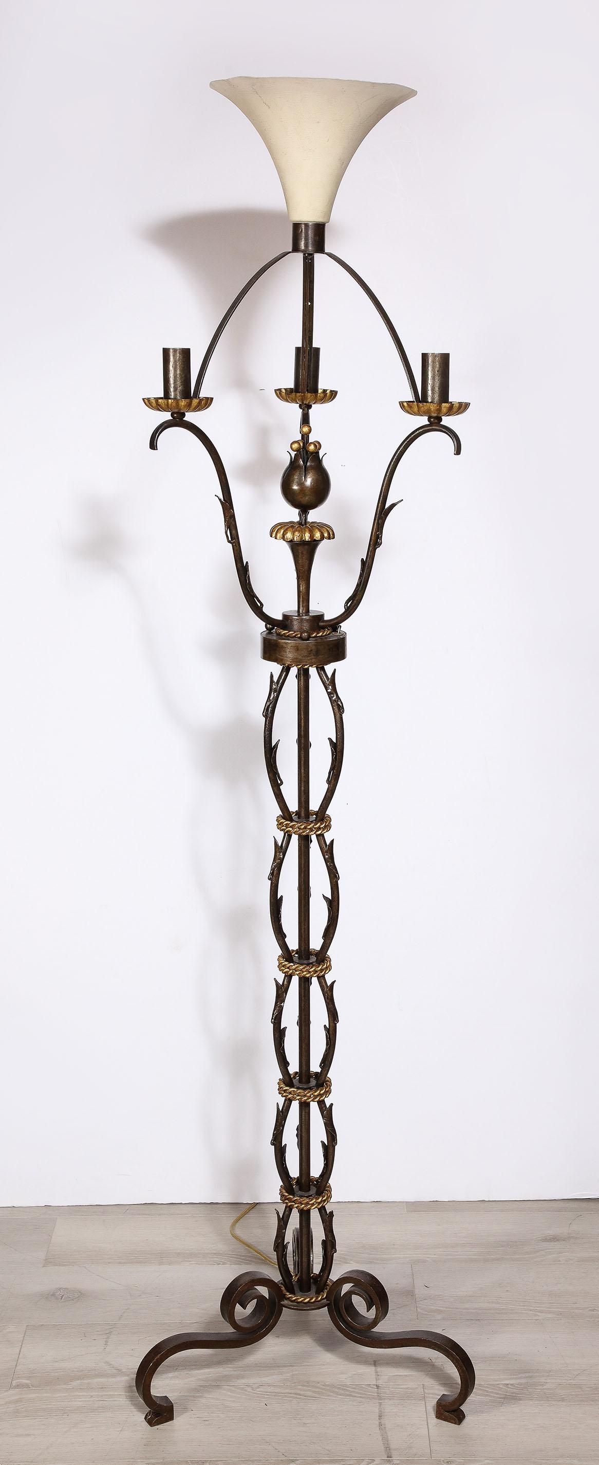 Wrought Iron and Gilt Bronze Floor Lamp by Gilbert Poillerat In Good Condition In New York, NY