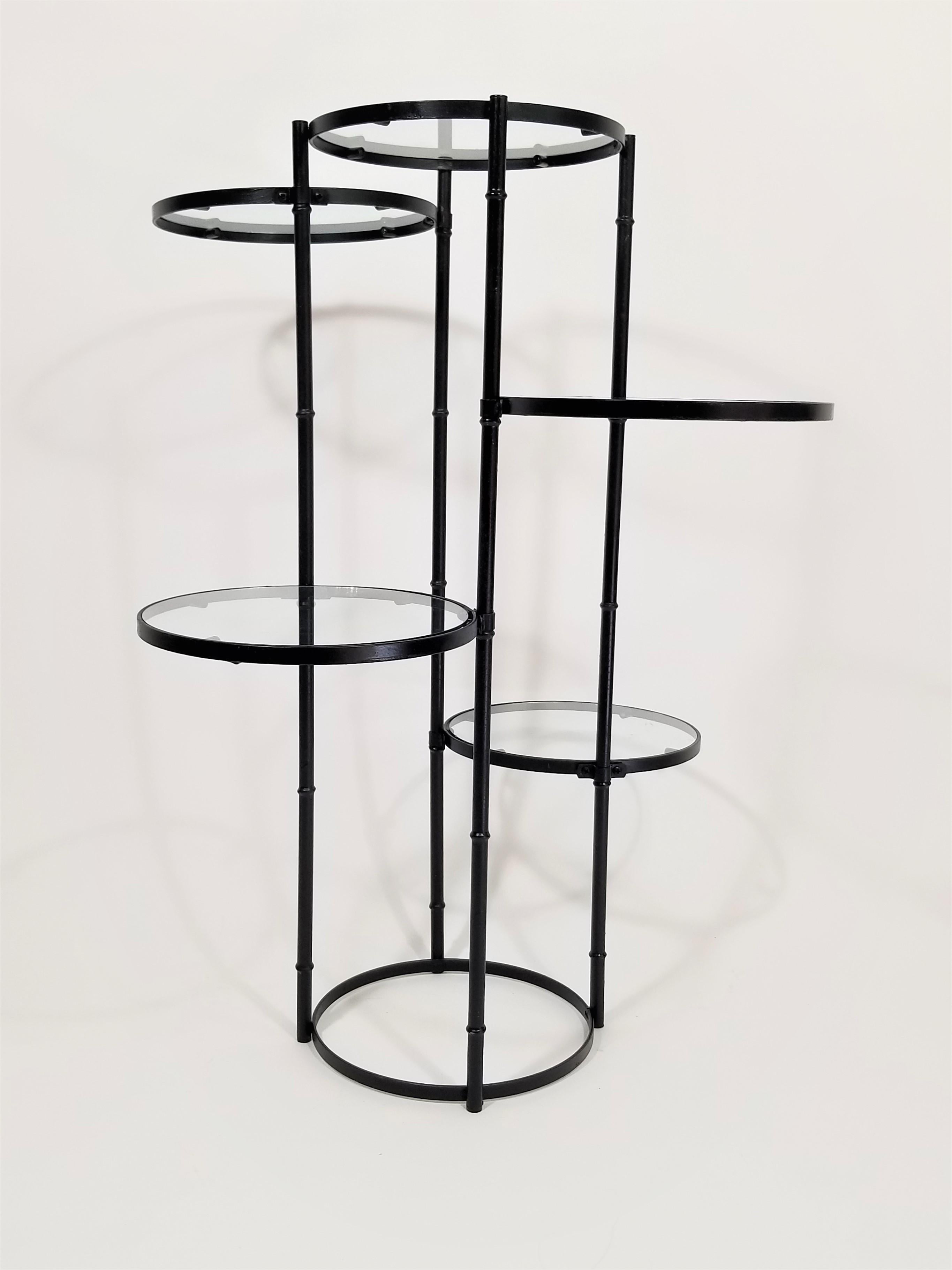 Art Deco Black Wrought Iron and Glass 5-Tiered Garden Patio Stand Midcentury In Good Condition In New York, NY