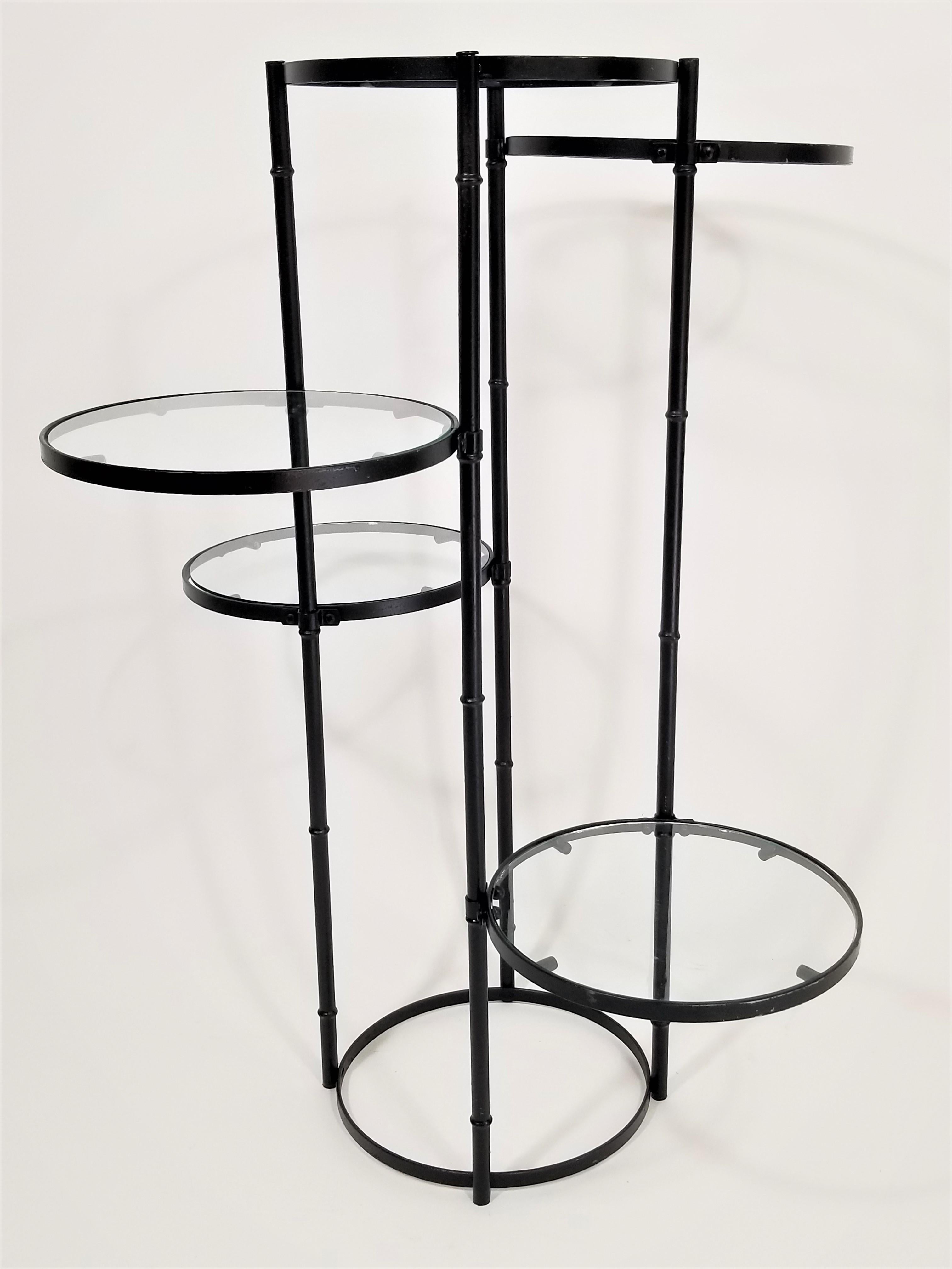 20th Century Art Deco Black Wrought Iron and Glass 5-Tiered Garden Patio Stand Midcentury