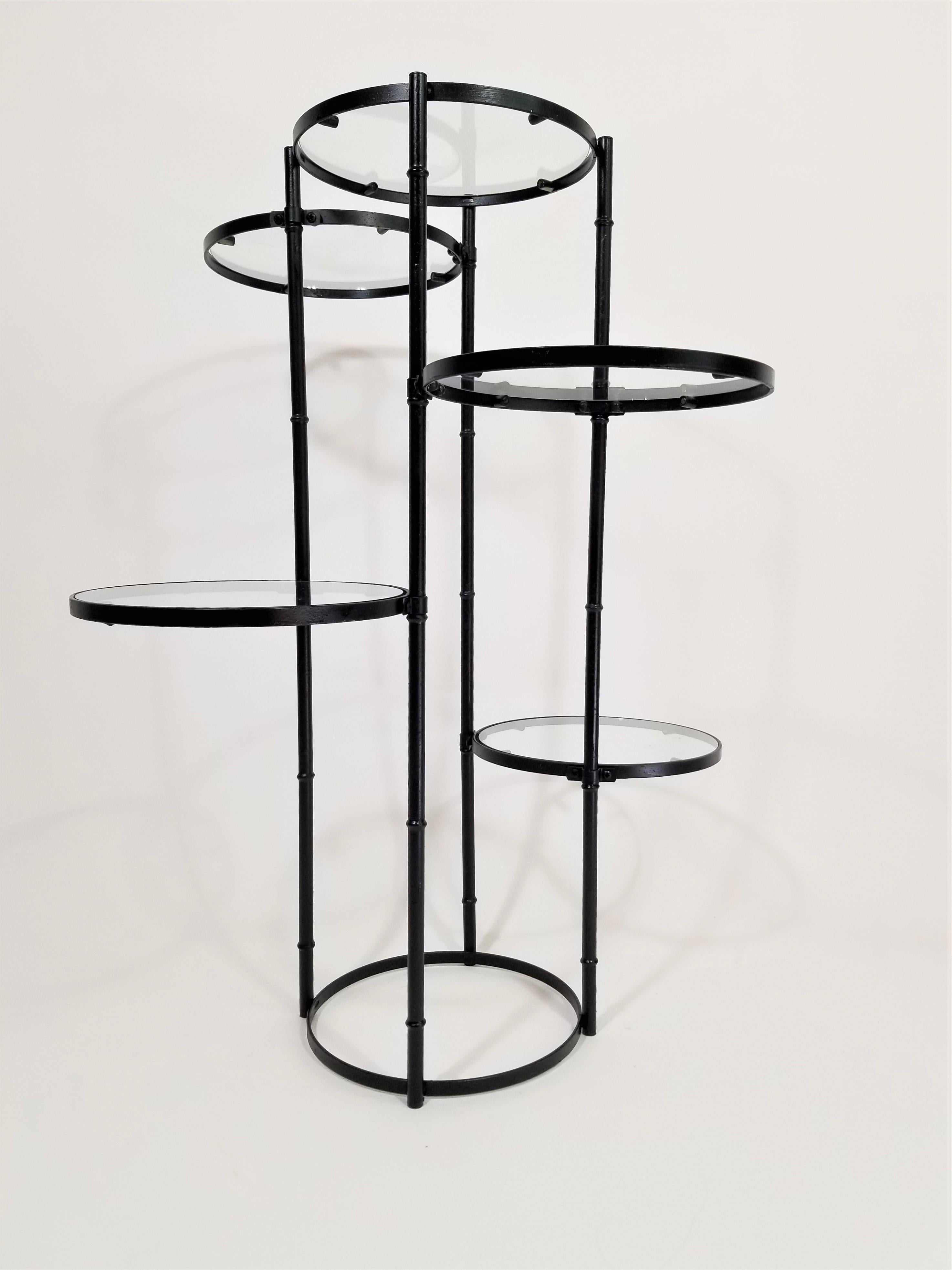 Metal Art Deco Black Wrought Iron and Glass 5-Tiered Garden Patio Stand Midcentury