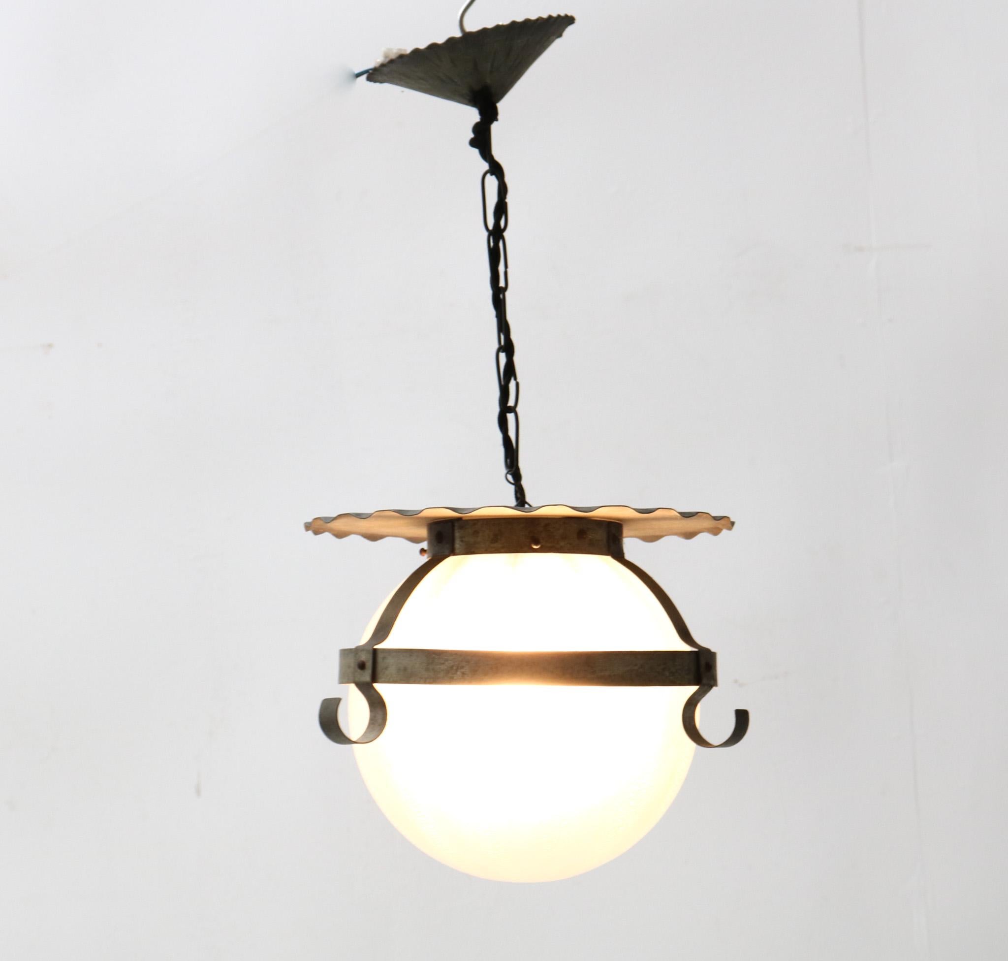 Dutch Wrought Iron and Glass Art Deco Amsterdamse School Pendant Lamp by A.D. Copier  For Sale