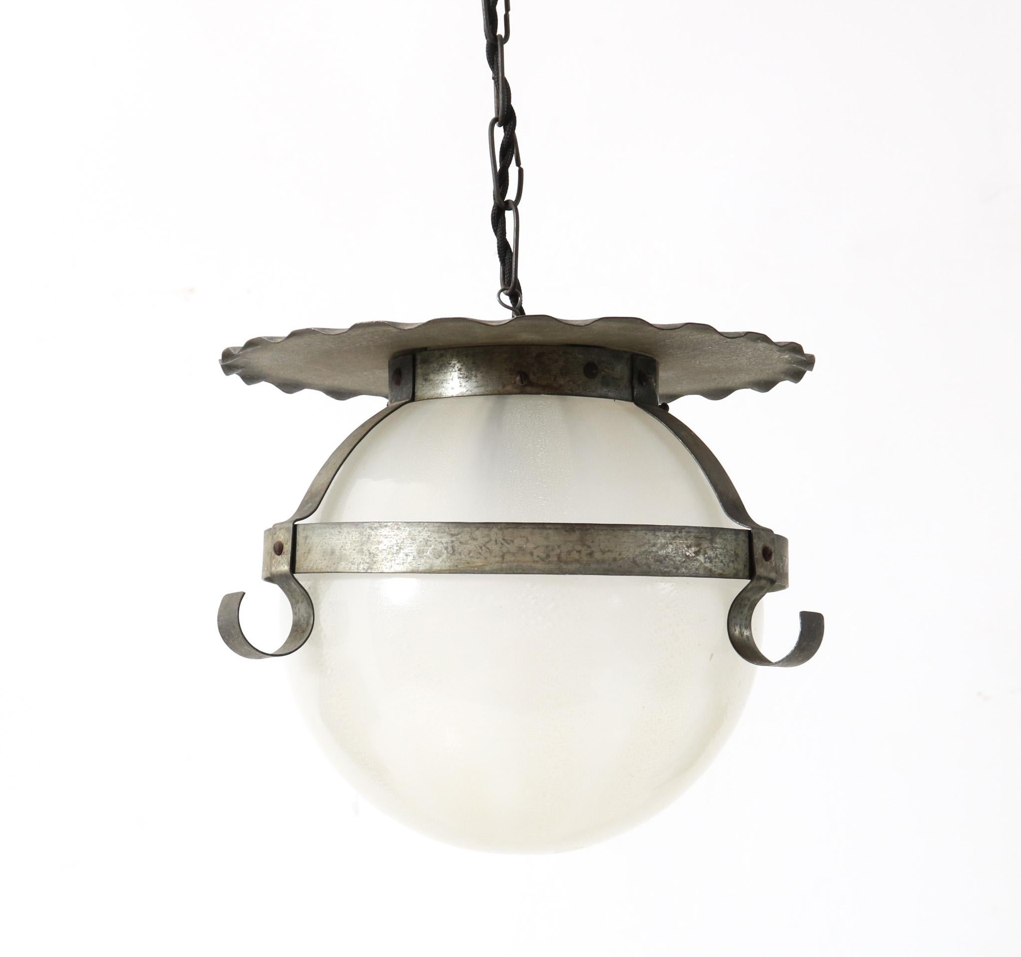 Blown Glass Wrought Iron and Glass Art Deco Amsterdamse School Pendant Lamp by A.D. Copier  For Sale