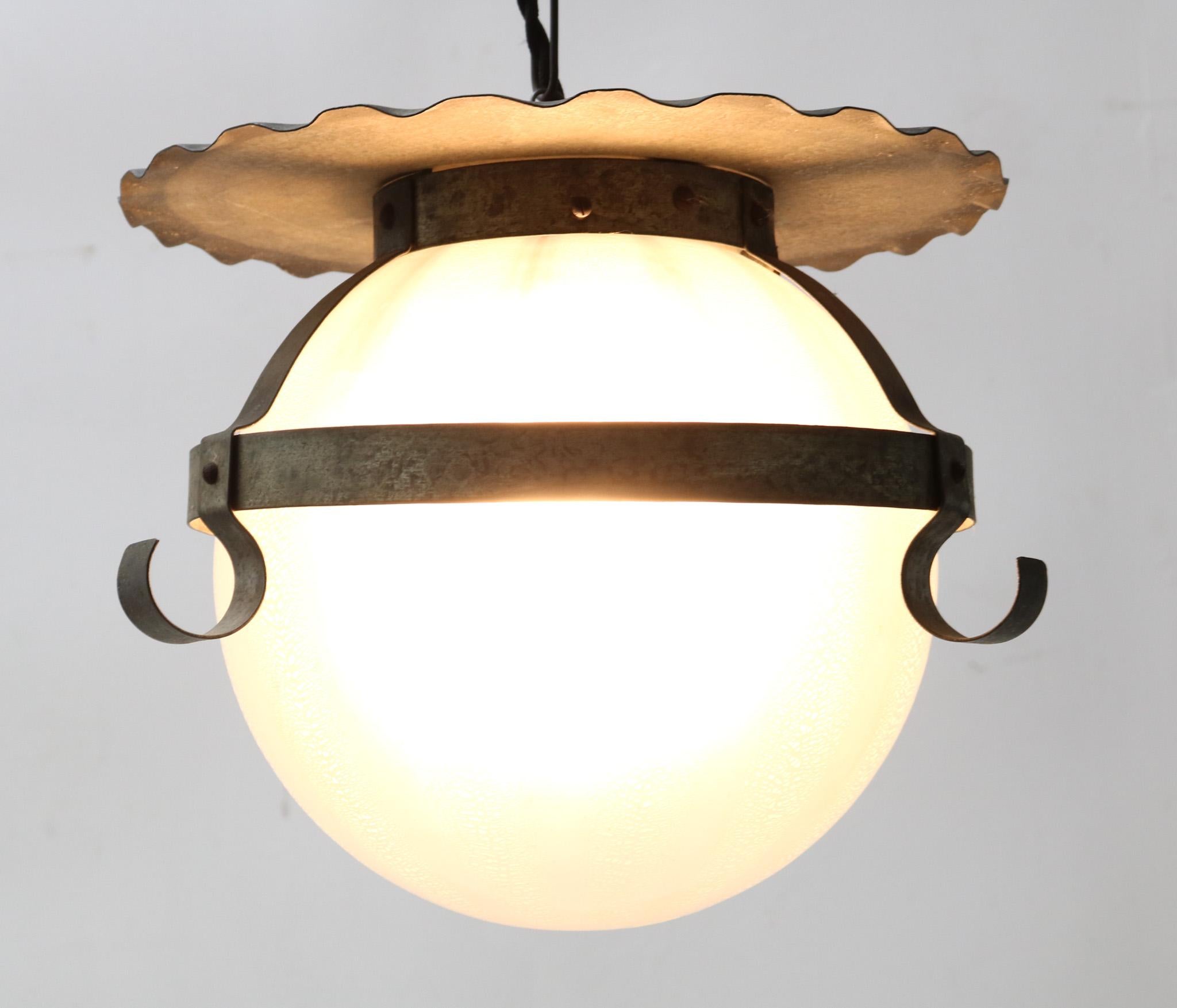 Wrought Iron and Glass Art Deco Amsterdamse School Pendant Lamp by A.D. Copier  For Sale 3