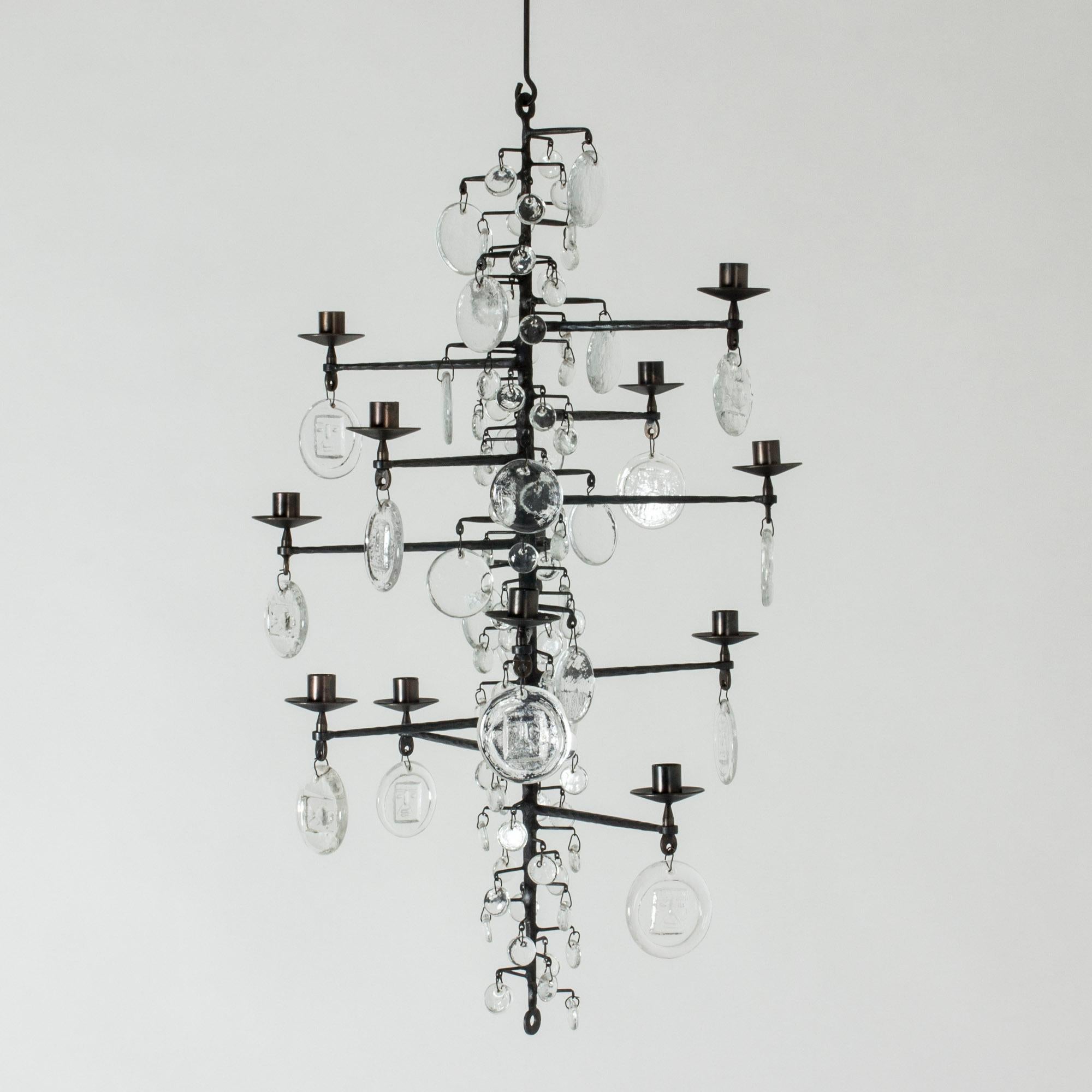 Scandinavian Modern Wrought Iron and Glass Candle Chandelier by Erik Höglund