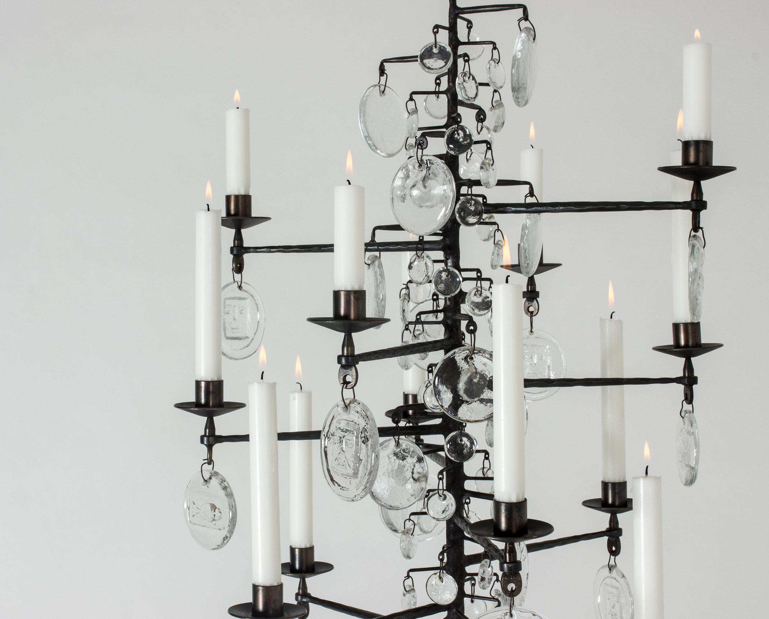 Swedish Wrought Iron and Glass Candle Chandelier by Erik Höglund