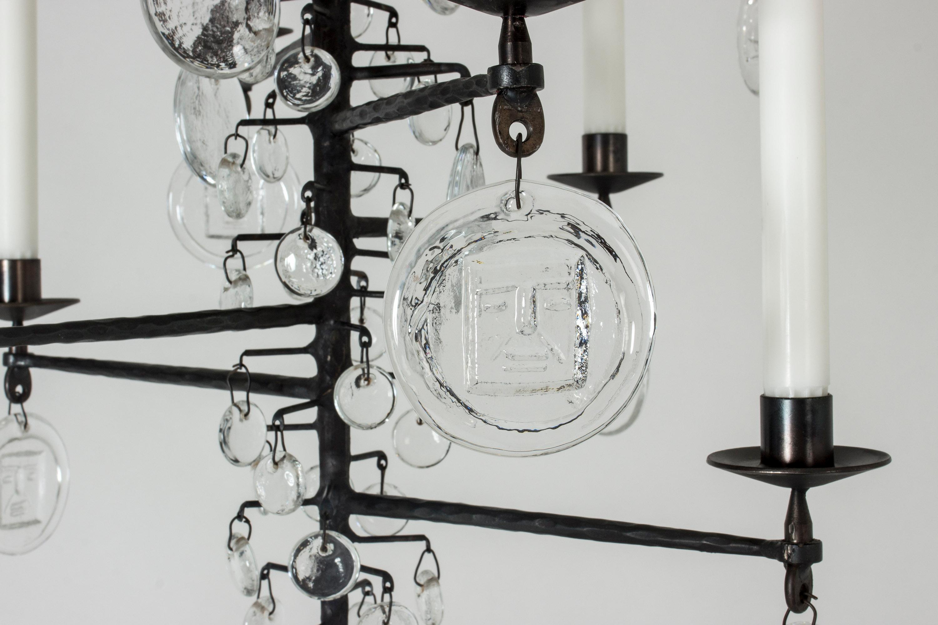 Mid-20th Century Wrought Iron and Glass Candle Chandelier by Erik Höglund