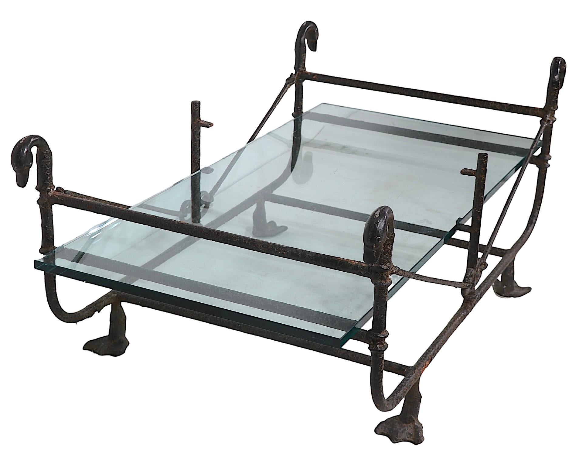Greco Roman Wrought Iron and Glass Etruscan Coffee Table bib Paul Ferrante  after Giacometti For Sale