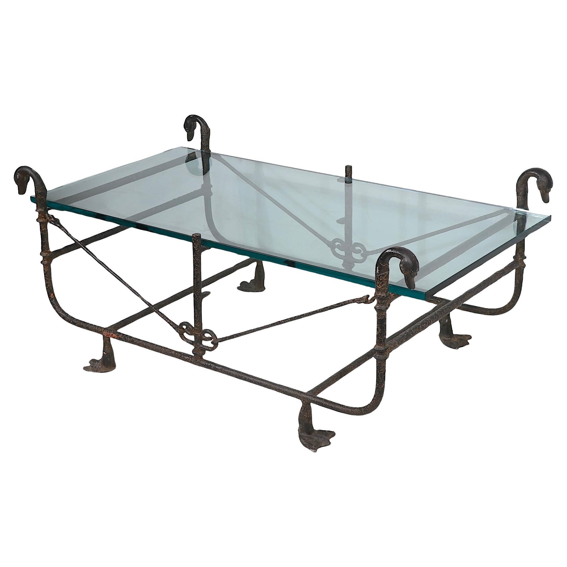 Wrought Iron and Glass Etruscan Coffee Table bib Paul Ferrante  after Giacometti For Sale