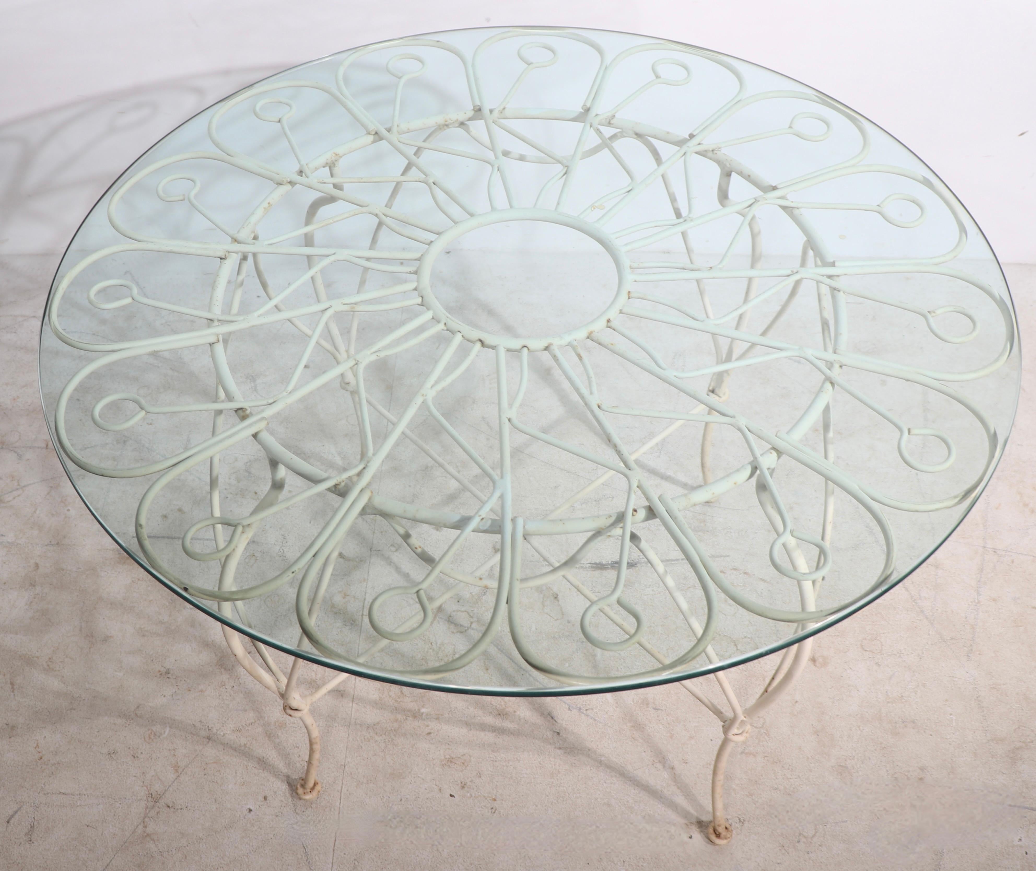Mid-Century Modern Wrought Iron and Glass Garden Patio Poolside Cafe Dining Center Table  For Sale