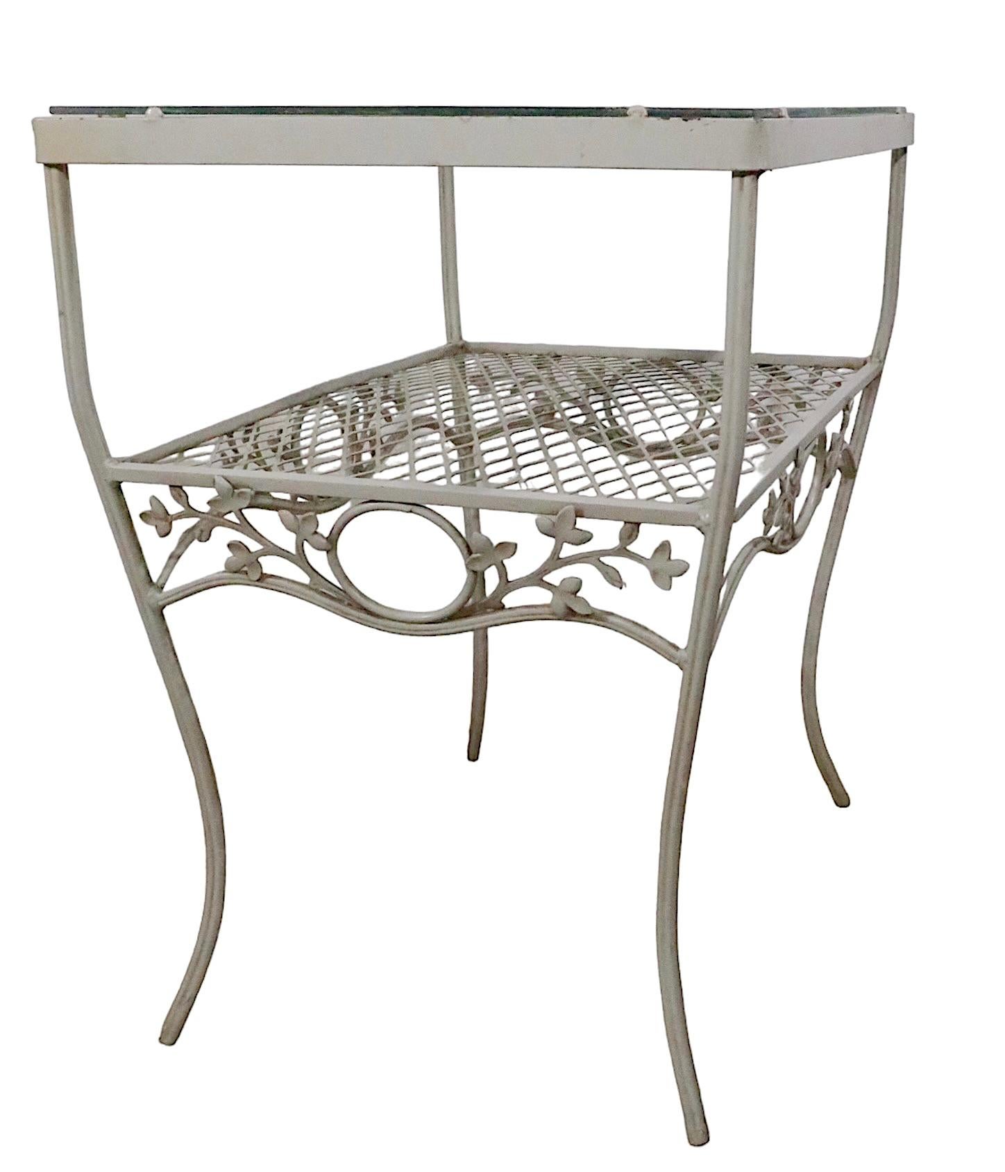 Hollywood Regency Wrought Iron and Glass Garden Patio Poolside End, Side Table Att. to Woodard For Sale