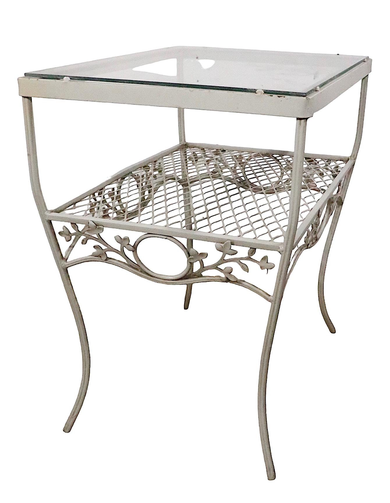 American Wrought Iron and Glass Garden Patio Poolside End, Side Table Att. to Woodard For Sale