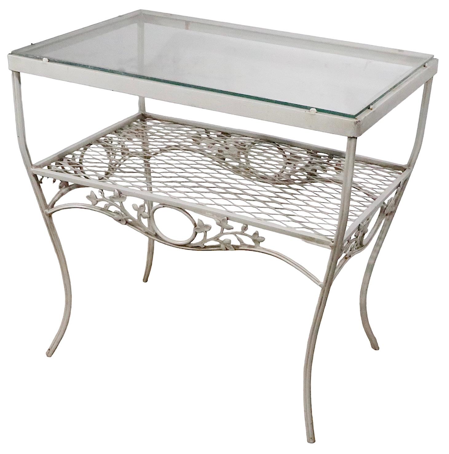 Wrought Iron and Glass Garden Patio Poolside End, Side Table Att. to Woodard In Good Condition For Sale In New York, NY