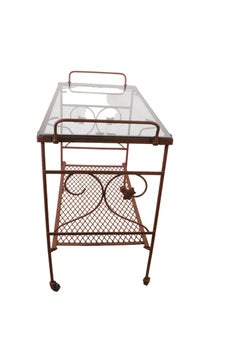 Wrought Iron and Glass Garden Patio Poolside Serving Bar Cart, c 1950- 1970s