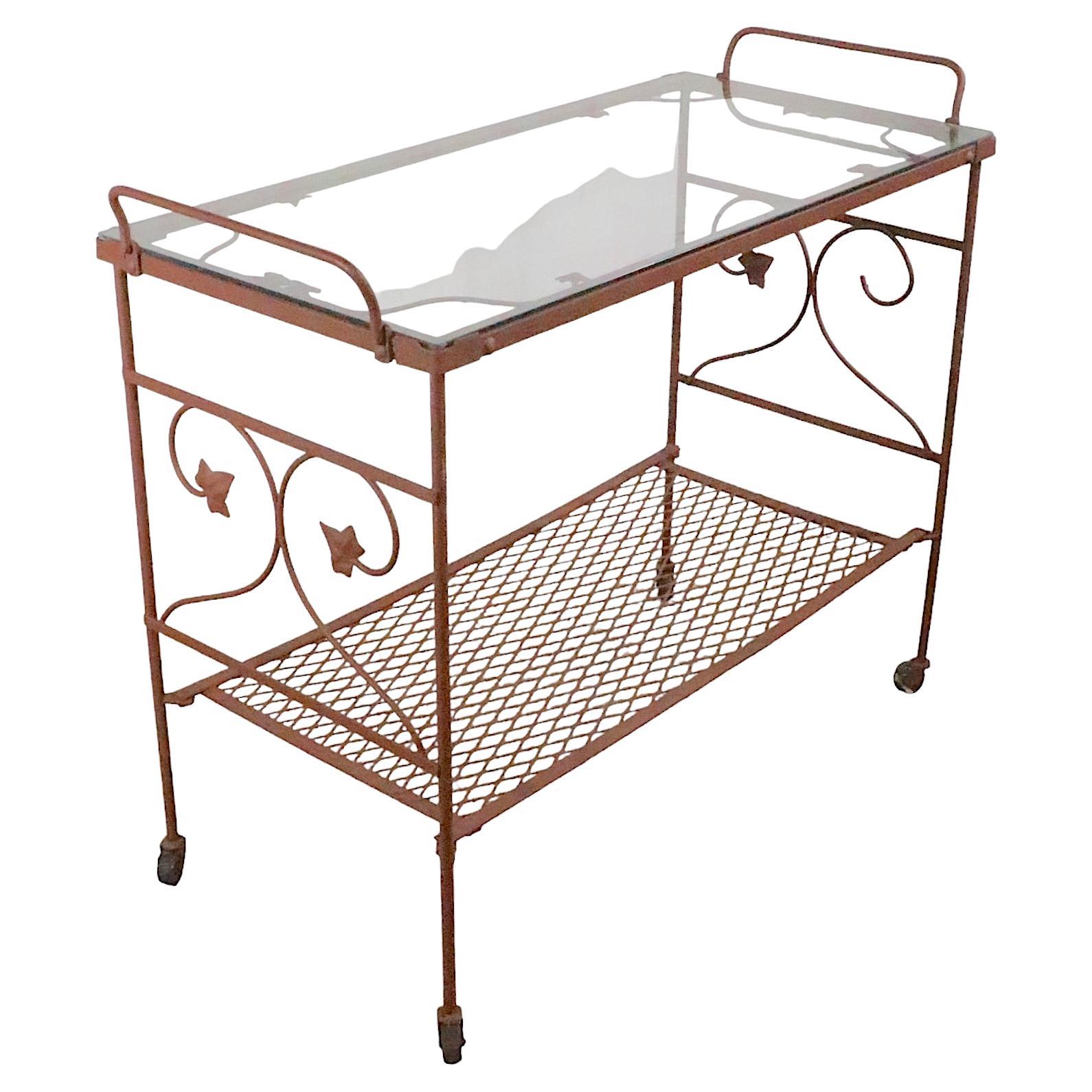 Wrought Iron and Glass Garden Patio Poolside Serving Bar Cart, c 1950- 1970s 