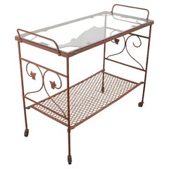 Wrought Iron and Glass Garden Patio Poolside Serving Bar Cart, c 1950- 1970s 