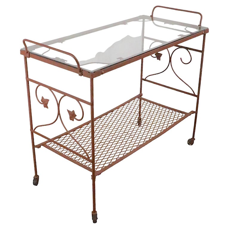 Wrought Iron and Glass Garden Patio Poolside Serving Bar Cart c 1950 1970's For Sale at 1stDibs