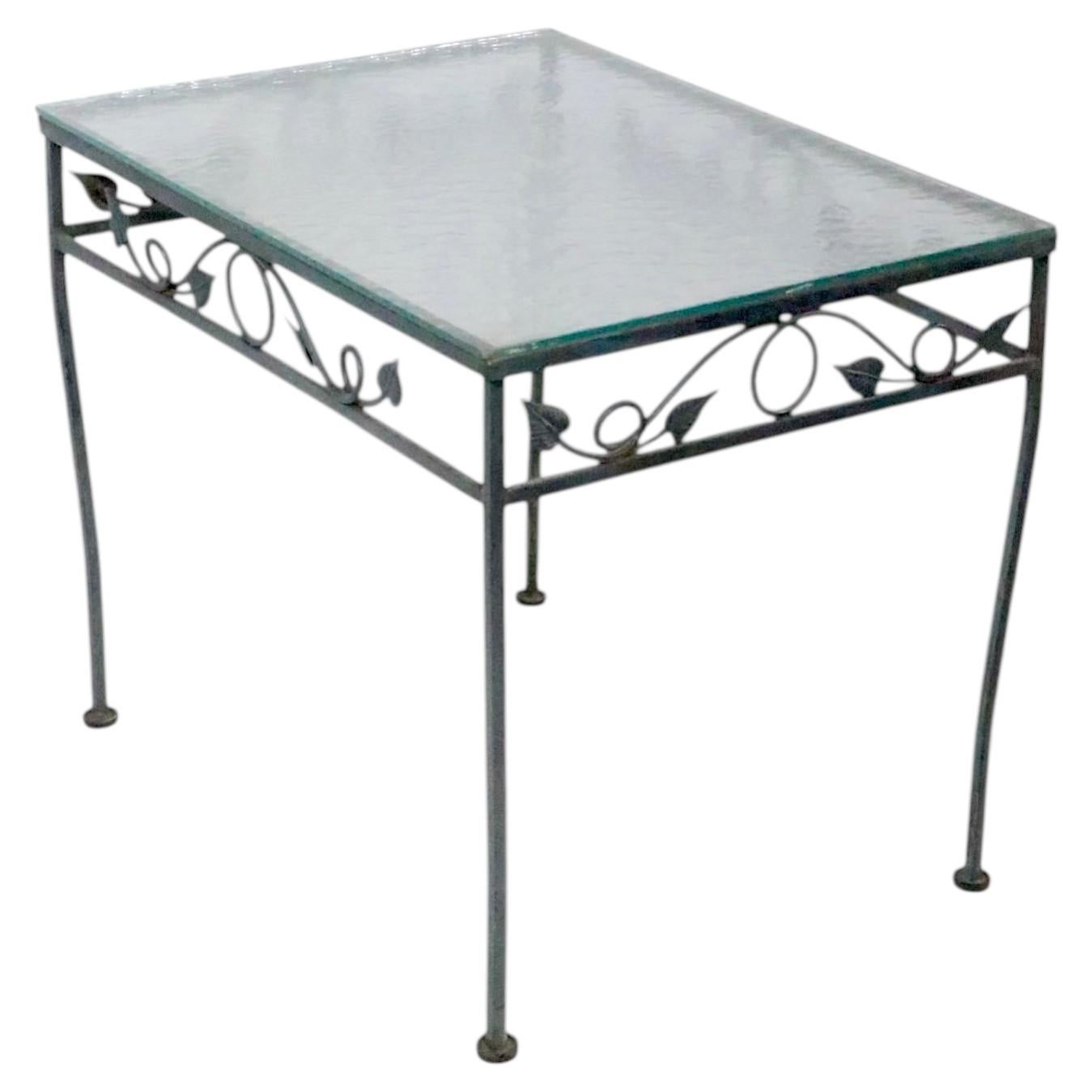 Wrought Iron and Glass Garden Patio Poolside Side Table For Sale