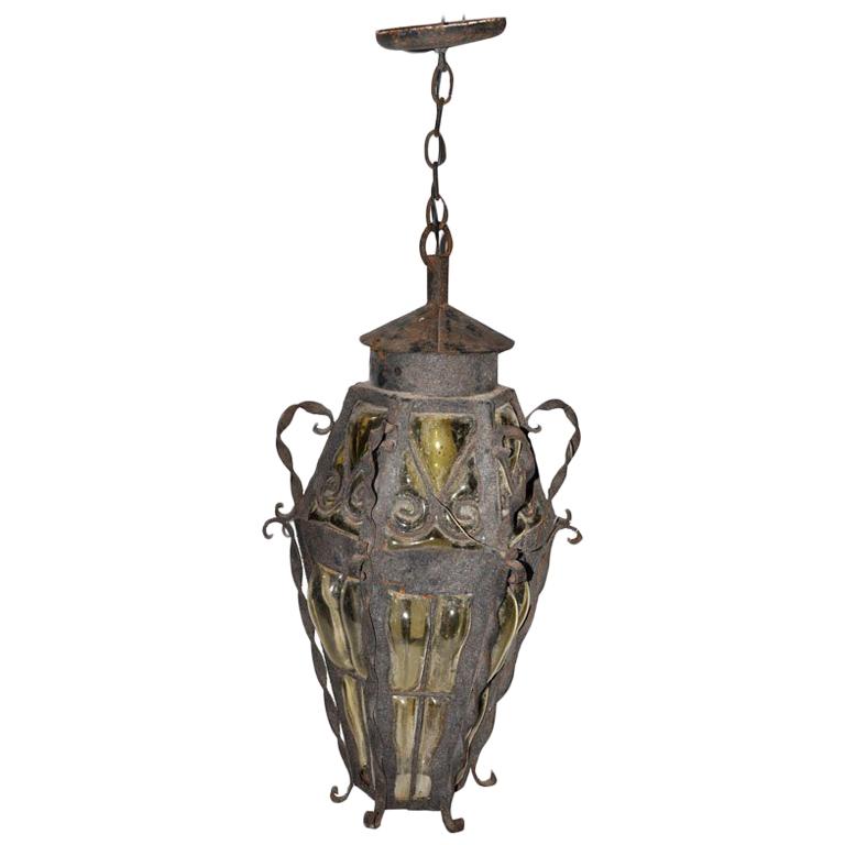 Wrought Iron and Glass Hanging Lantern For Sale