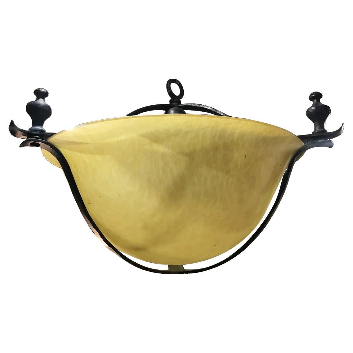 Wrought Iron and Glass Light Fixture For Sale