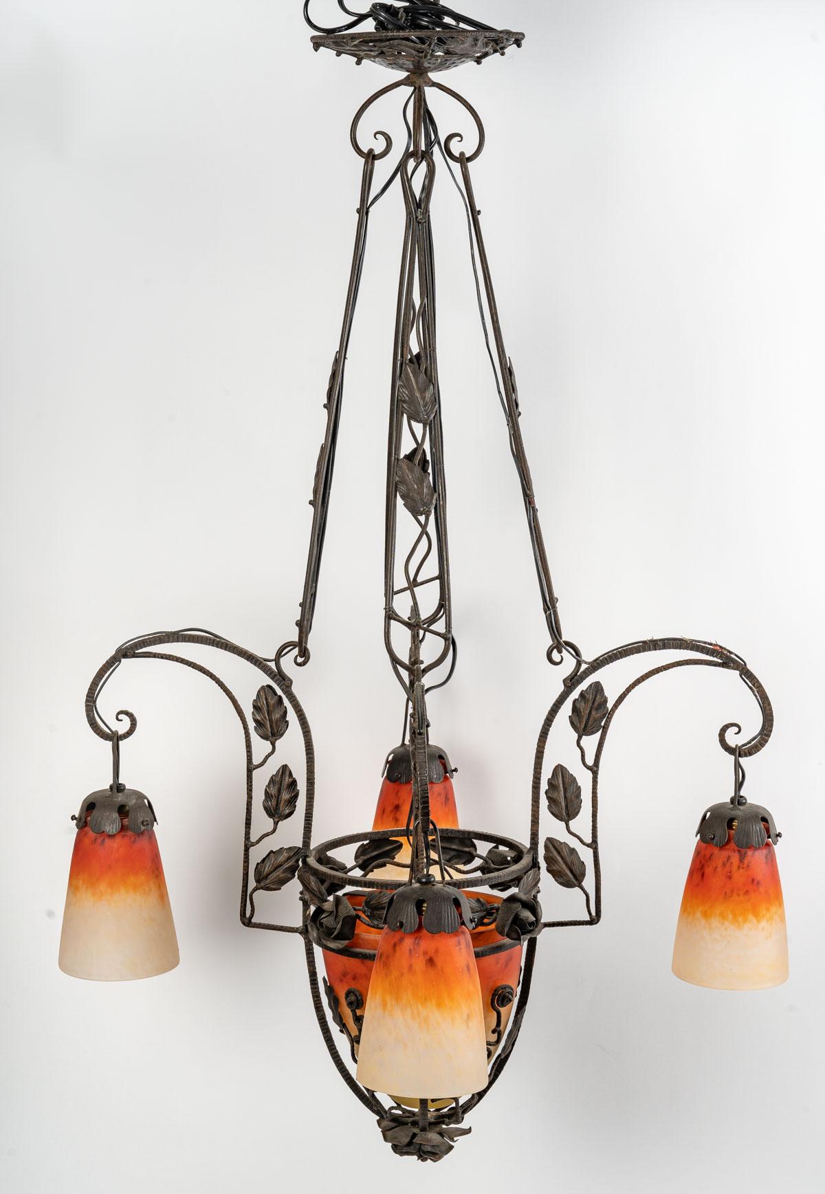 Wrought Iron and Glass Paste Chandelier, Art Deco, 1930 5