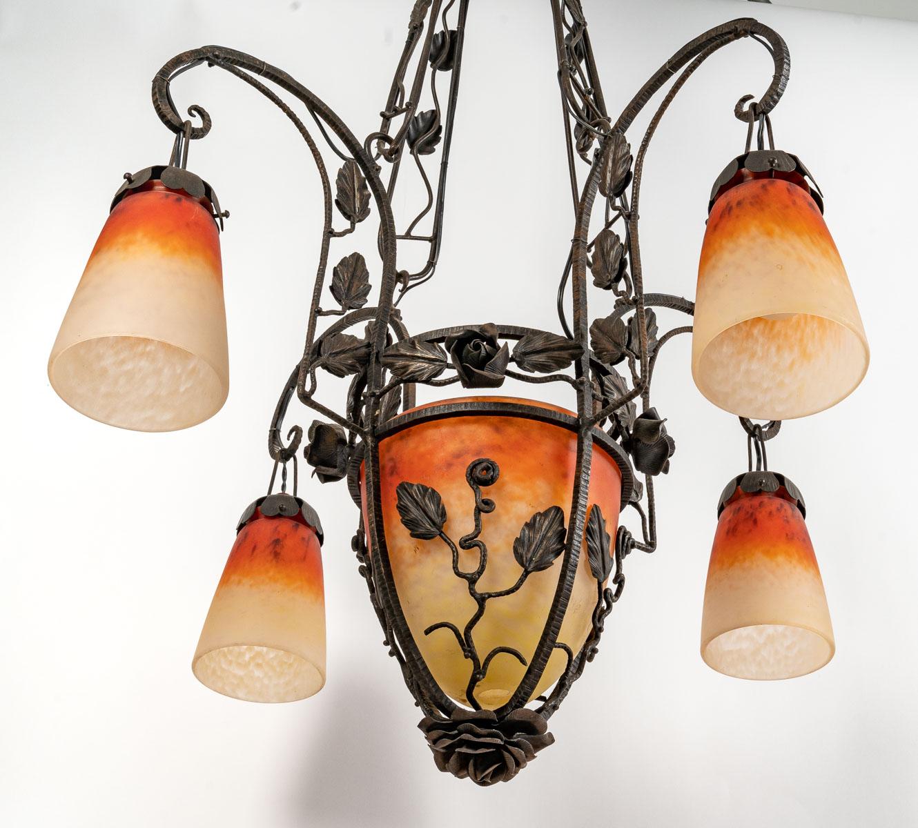 Wrought Iron and Glass Paste Chandelier, Art Deco, 1930 In Good Condition In Saint-Ouen, FR