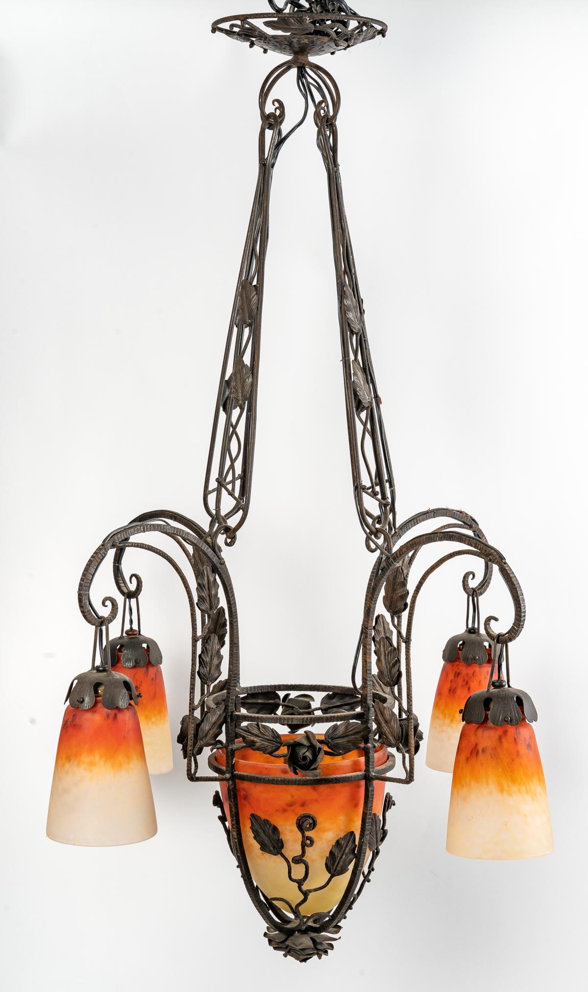 Wrought Iron and Glass Paste Chandelier, Art Deco, 1930 4