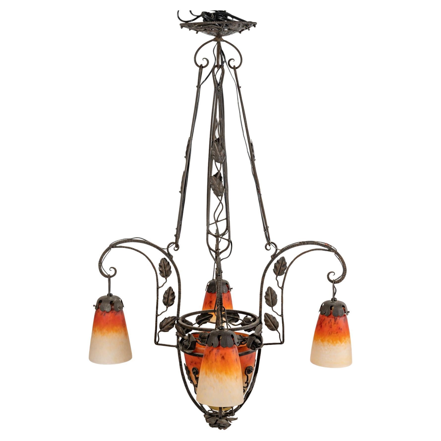 Wrought Iron and Glass Paste Chandelier, Art Deco, 1930