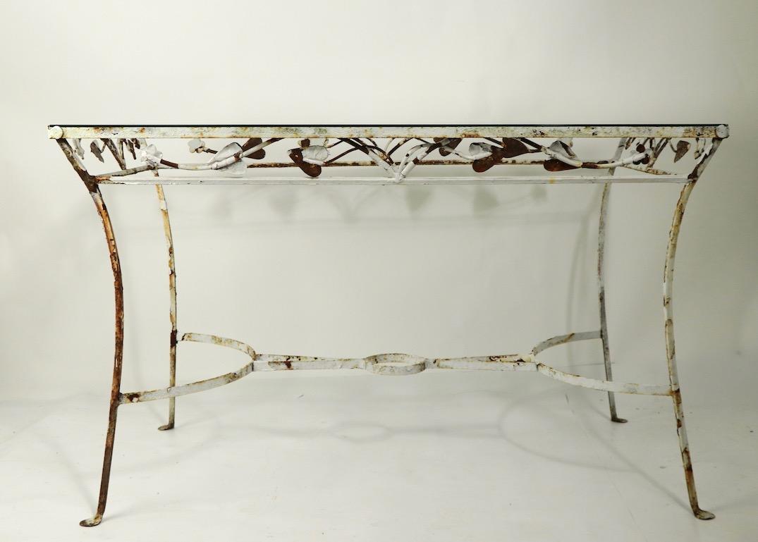 Mid-Century Modern Wrought Iron and Glass Patio Garden Dining Table Attributed to Salterini