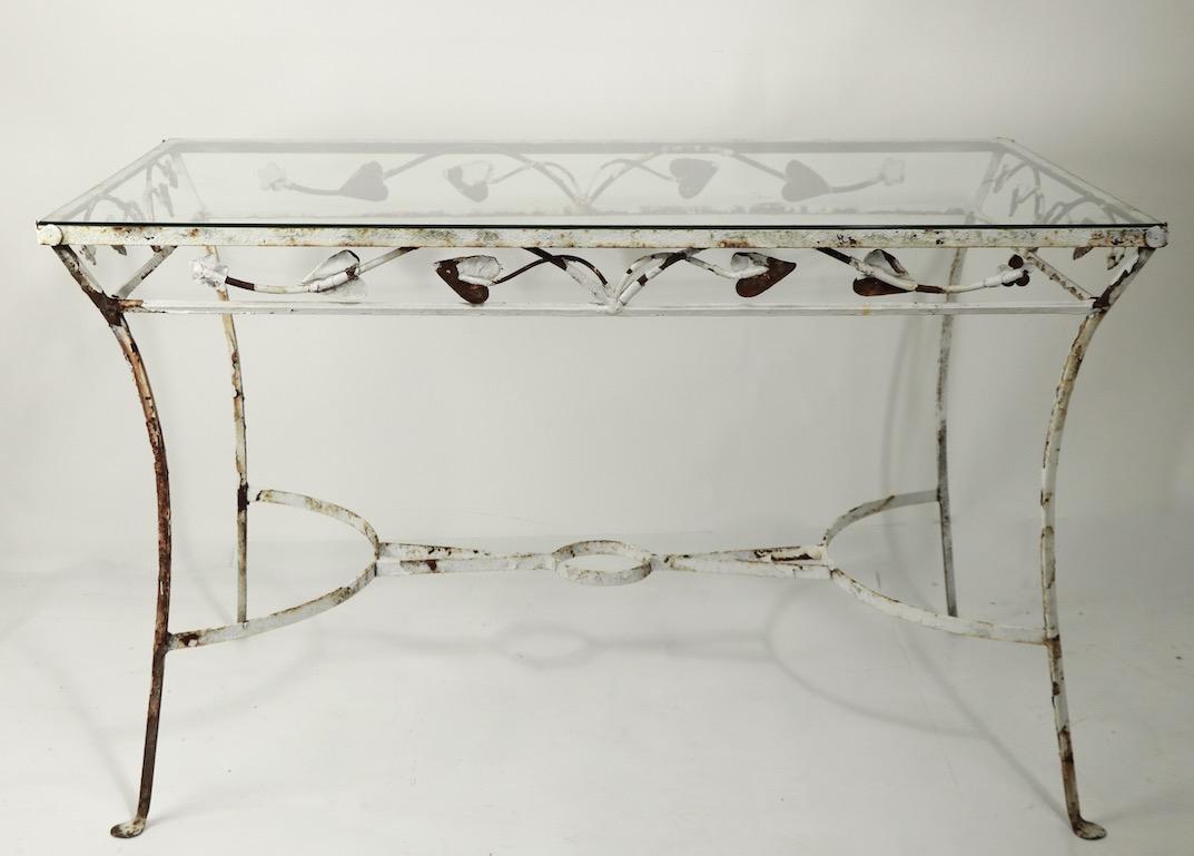 American Wrought Iron and Glass Patio Garden Dining Table Attributed to Salterini
