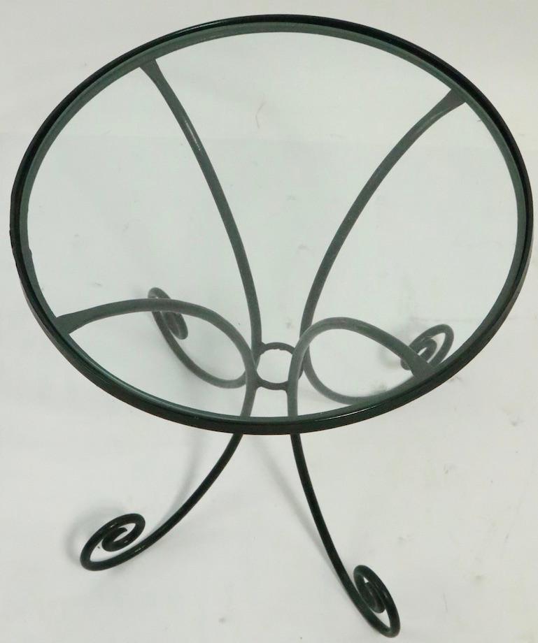 American Wrought Iron and Glass Side Table with Curlicue Form Legs