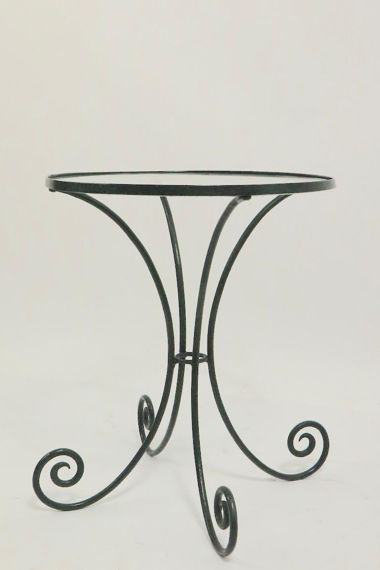 20th Century Wrought Iron and Glass Side Table with Curlicue Form Legs