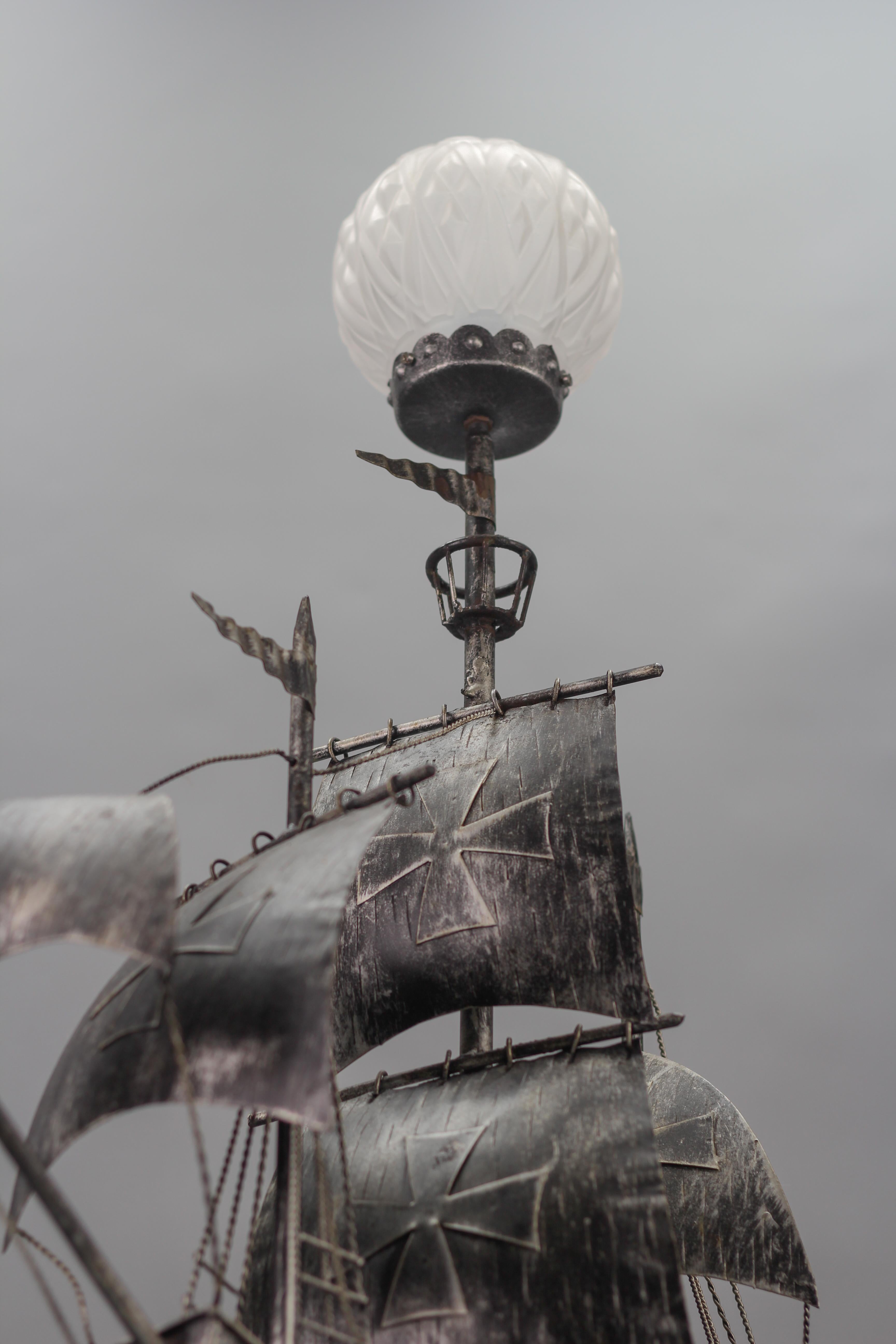 Wrought Iron and Glass Spanish Galleon Sailing Ship Shaped Floor Lamp, 1950s For Sale 3