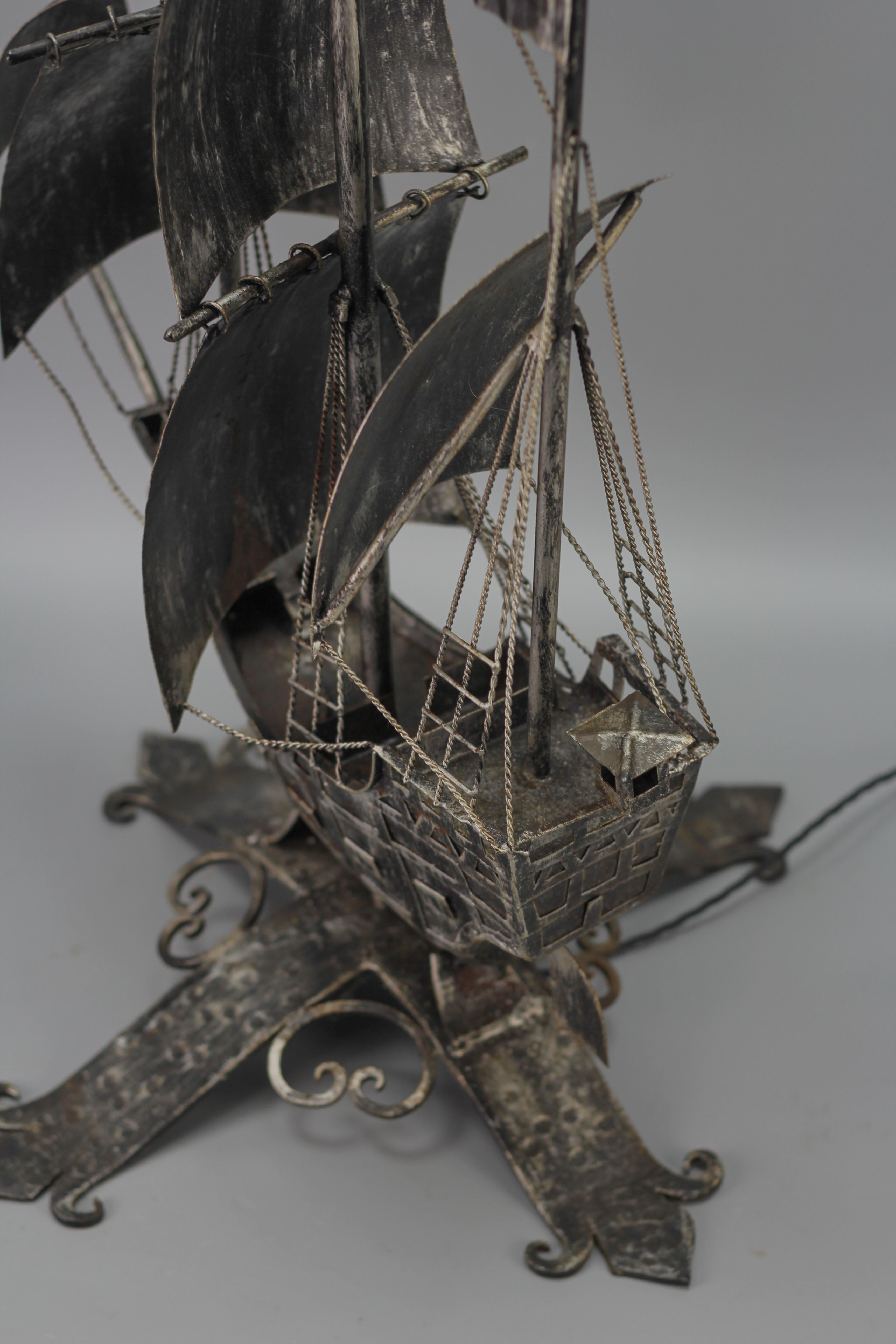Wrought Iron and Glass Spanish Galleon Sailing Ship Shaped Floor Lamp, 1950s For Sale 5