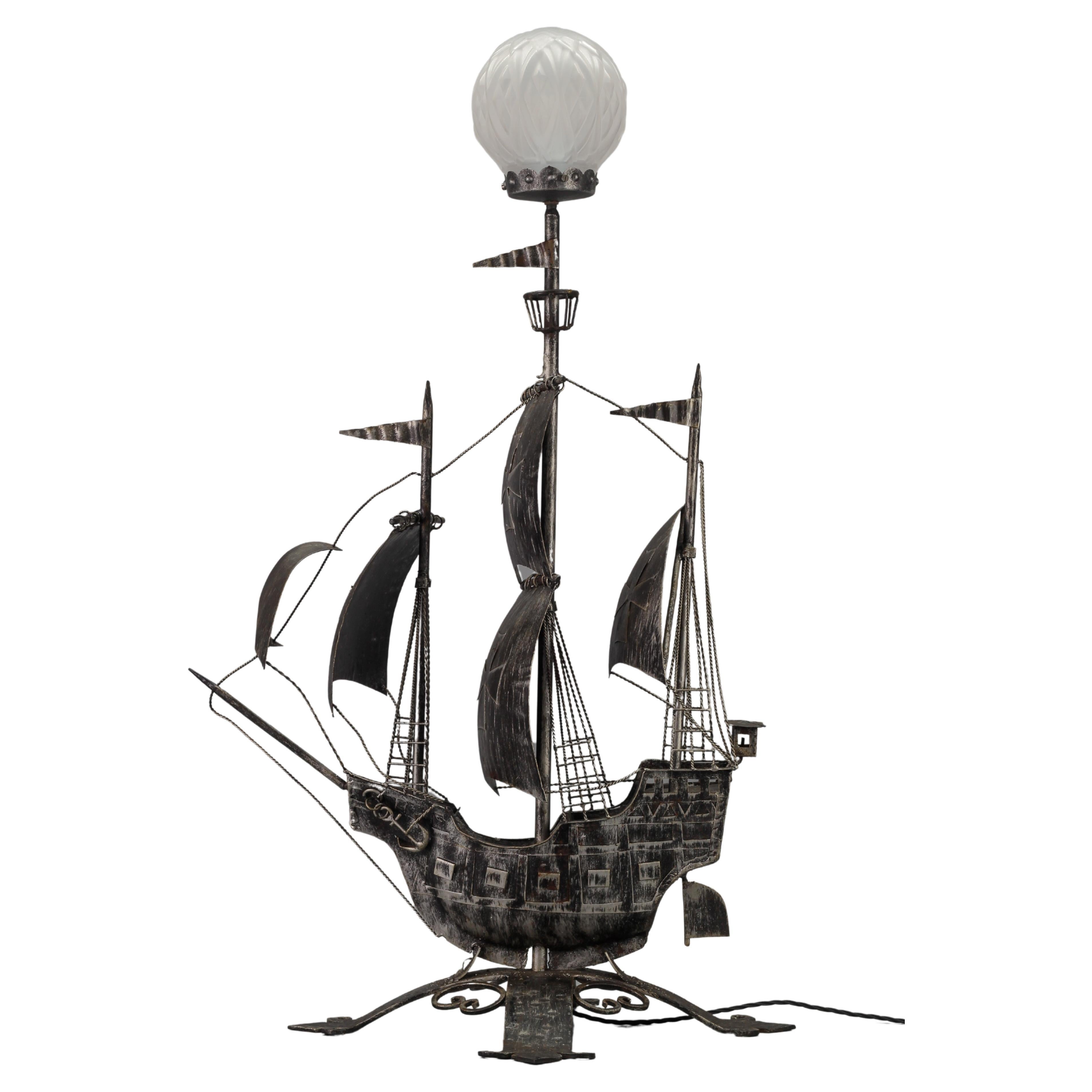 Wrought Iron and Glass Spanish Galleon Sailing Ship Shaped Floor Lamp, 1950s For Sale
