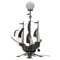 Retro Wrought Iron and Glass Spanish Galleon Sailing Ship Shaped Floor Lamp, 1950s