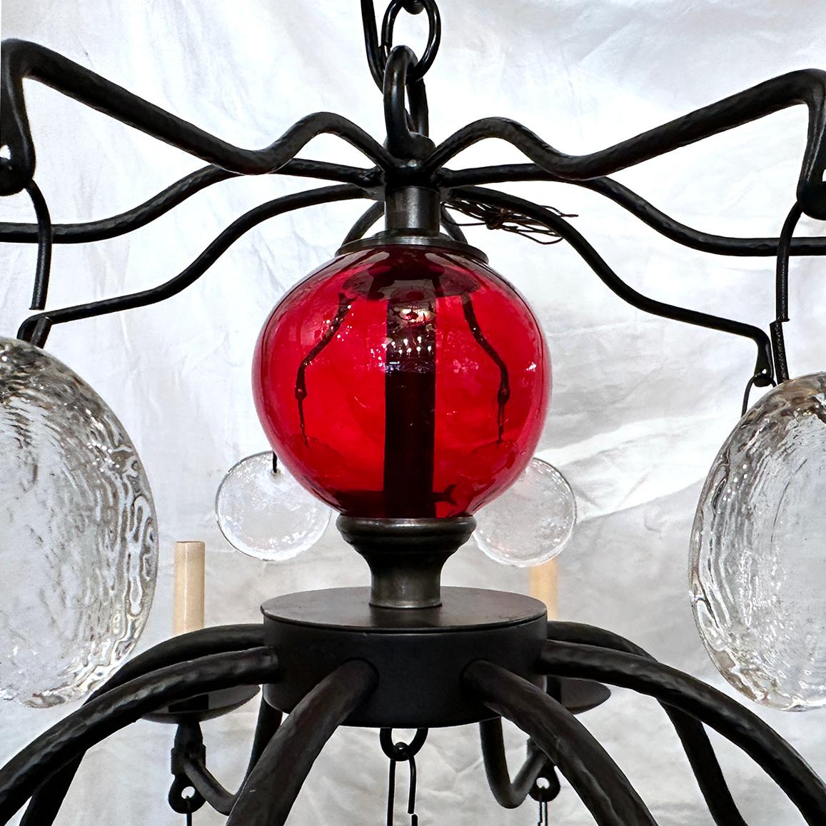 Art Glass Wrought Iron and Glass Swedish Chandelier For Sale