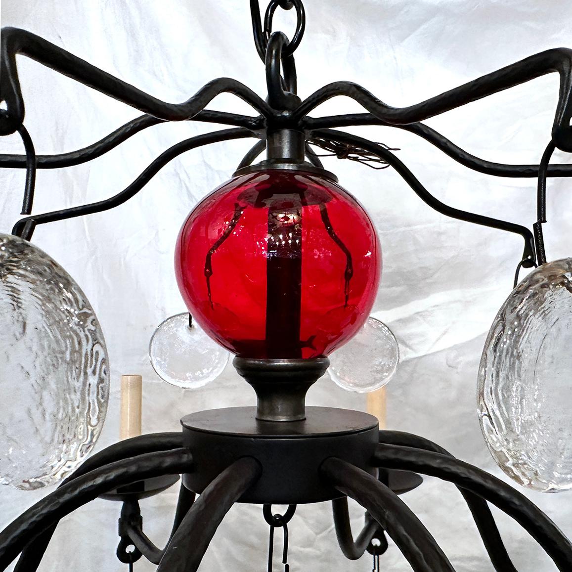 Art Glass Wrought Iron and Glass Swedish Chandelier