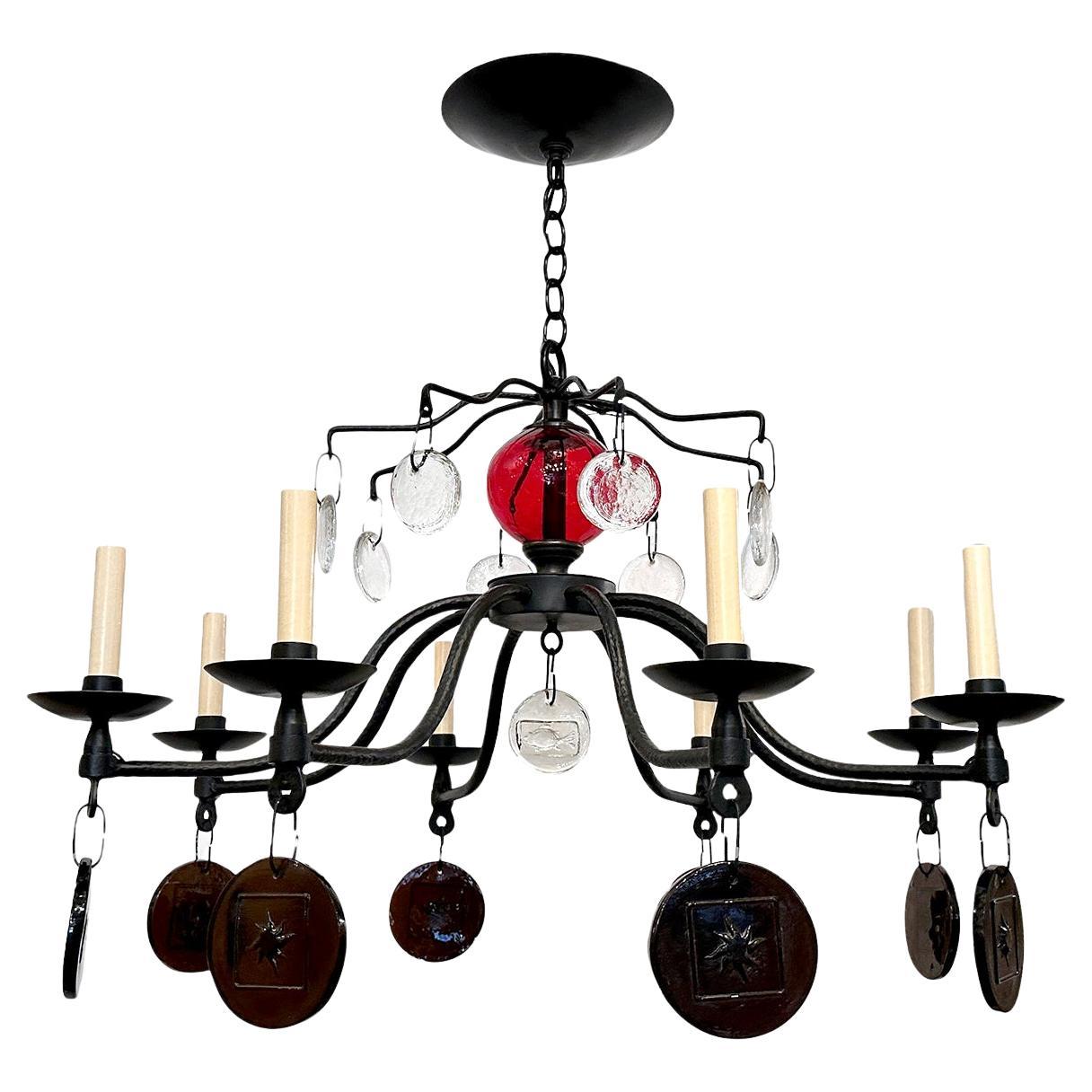 Wrought Iron and Glass Swedish Chandelier For Sale