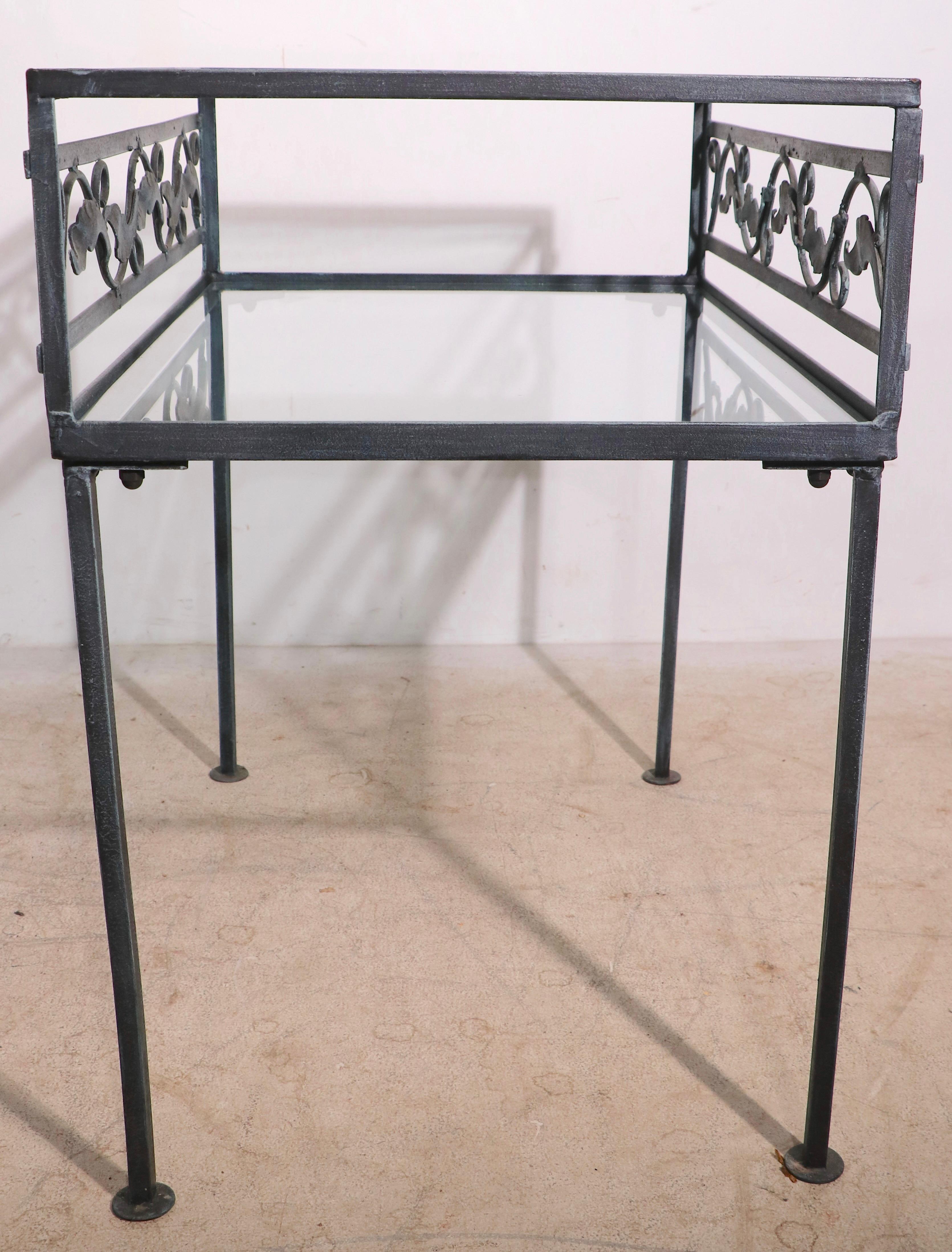 American Wrought Iron and Glass Two Tier Garden Patio Table by Meadowcraft For Sale