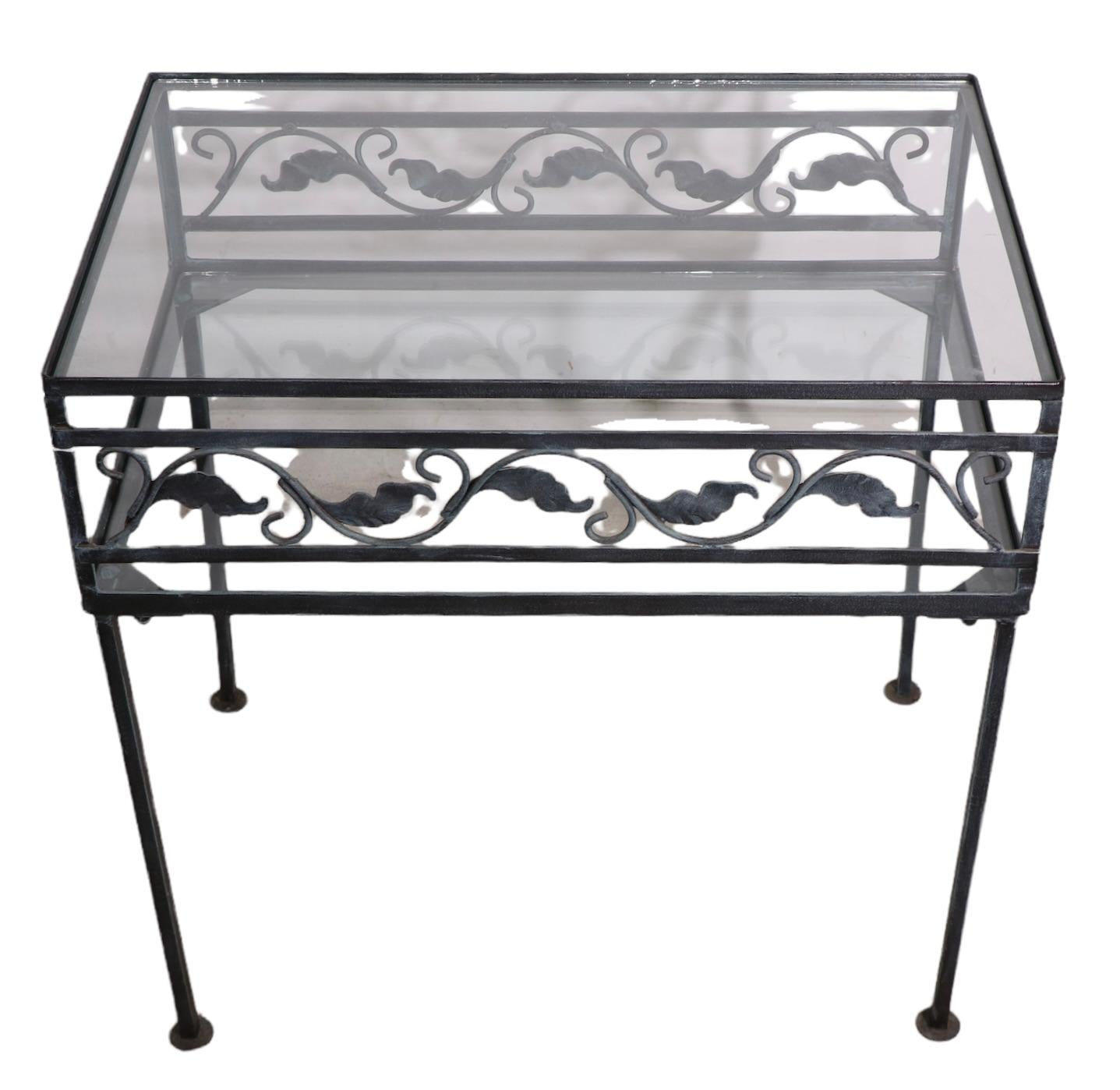 Wrought Iron and Glass Two Tier Garden Patio Table by Meadowcraft For Sale 1