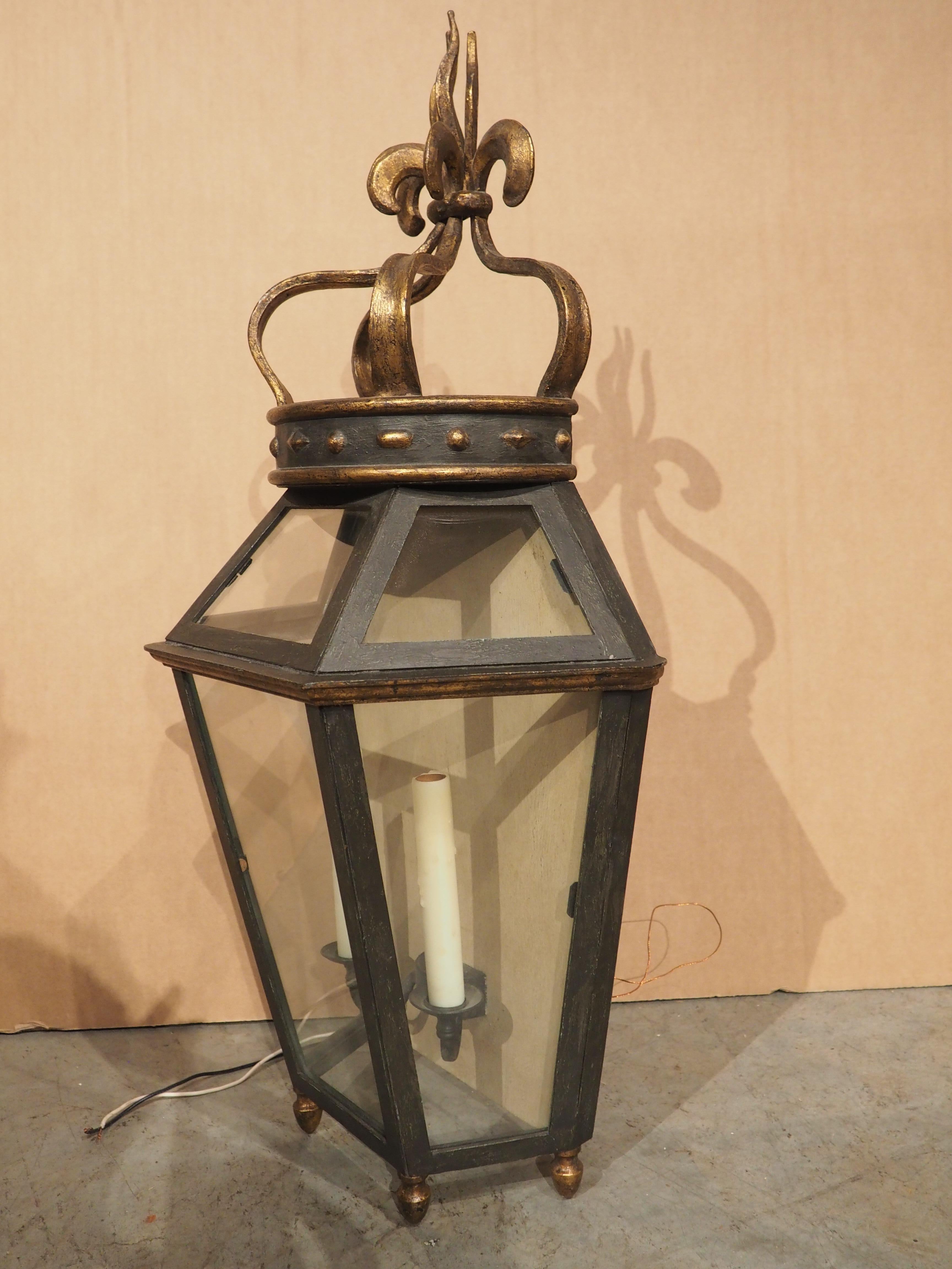 Wrought Iron and Glass Wall Lantern with Crown Finial In Good Condition For Sale In Dallas, TX