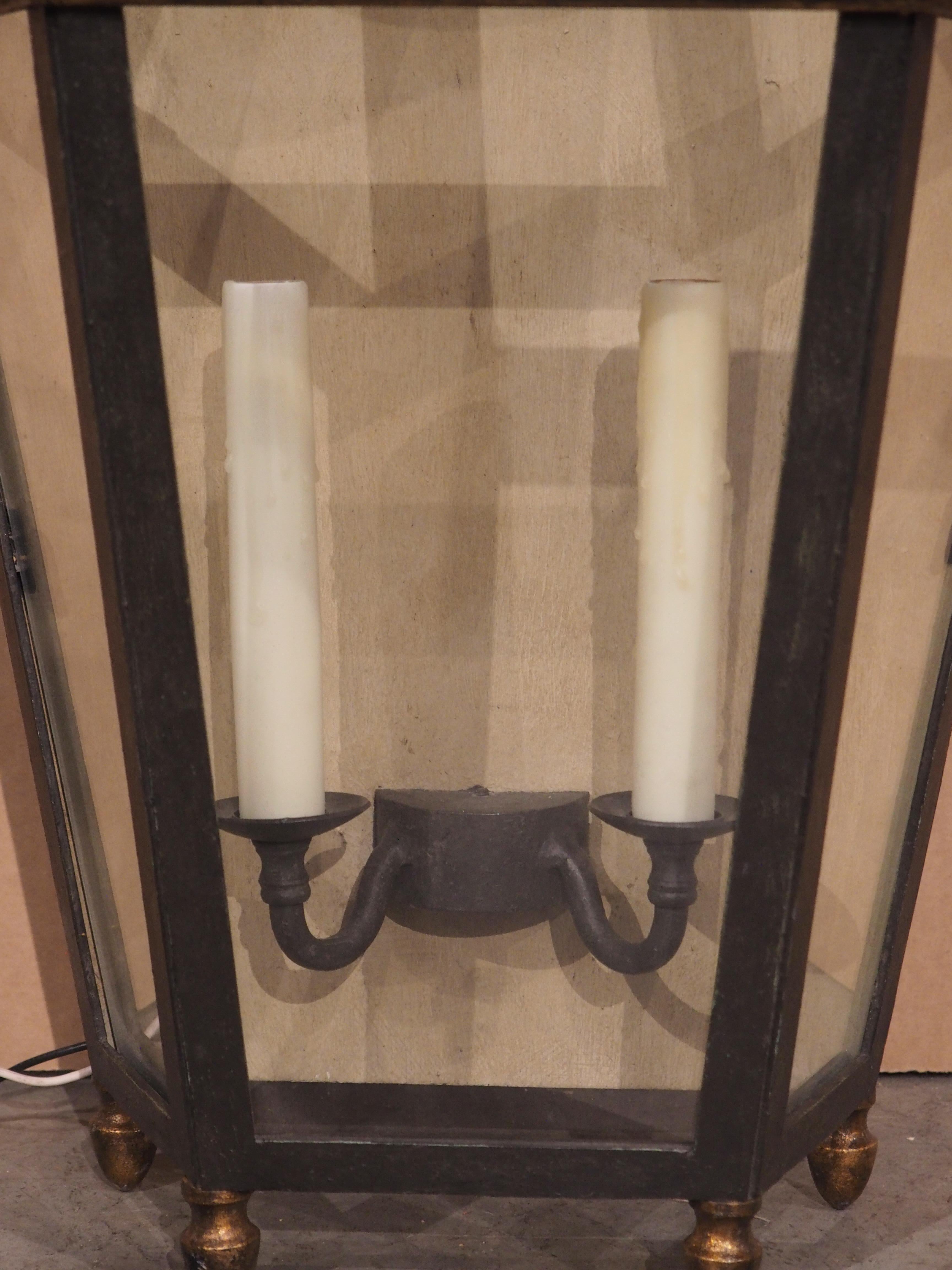 Metal Wrought Iron and Glass Wall Lantern with Crown Finial For Sale