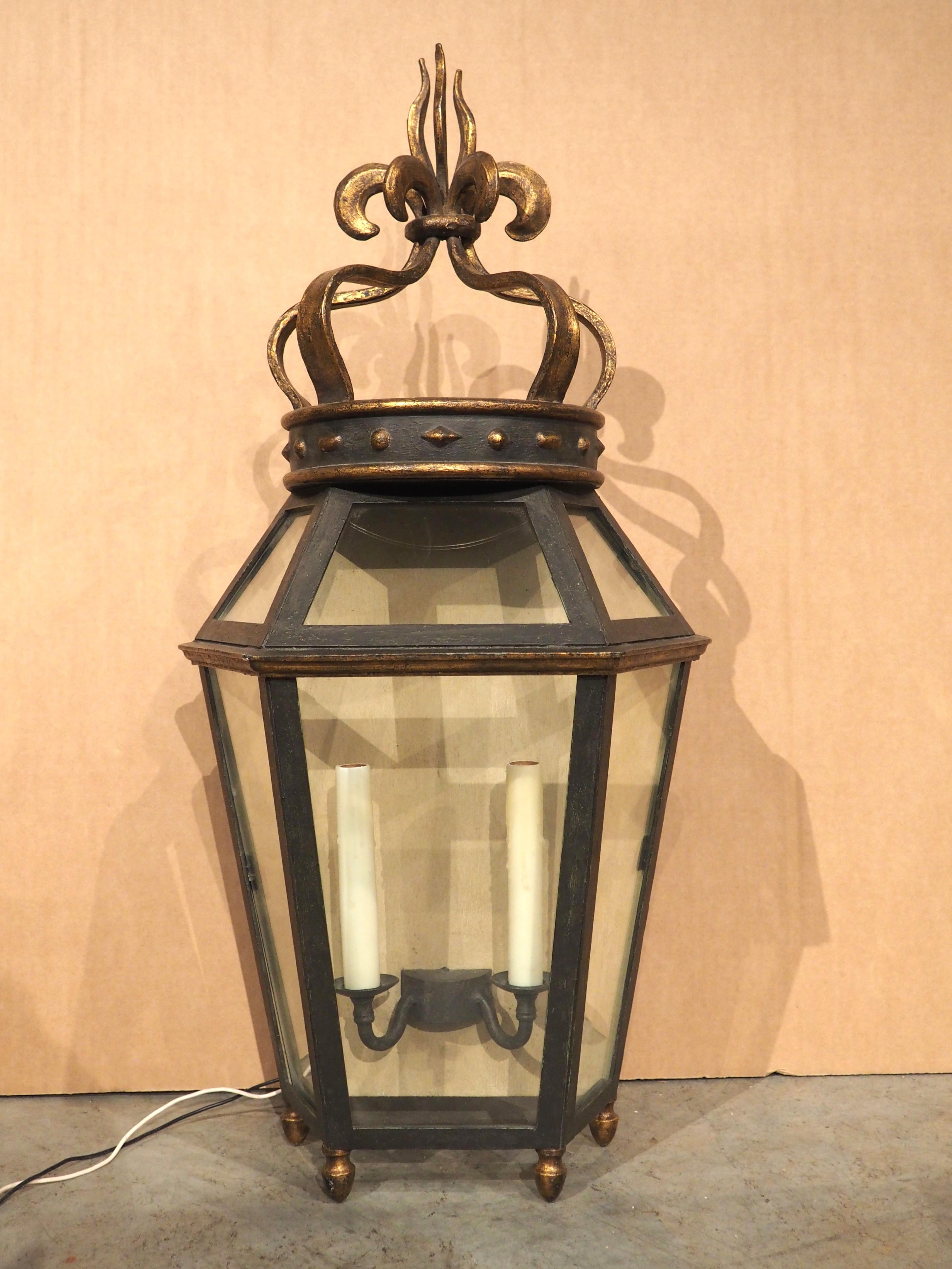 Wrought Iron and Glass Wall Lantern with Crown Finial For Sale 2