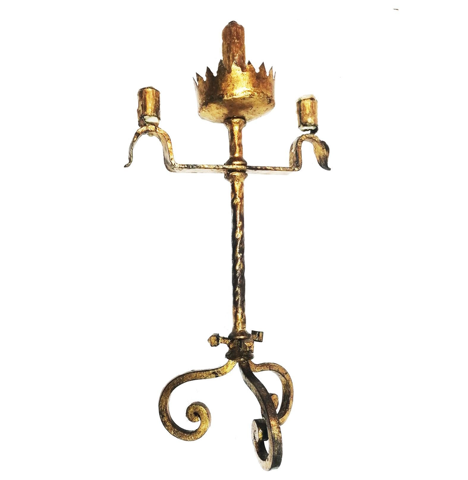 Medieval Wrought Iron and Gold  Votive Candelabra Electrified or Table Lamp For Sale